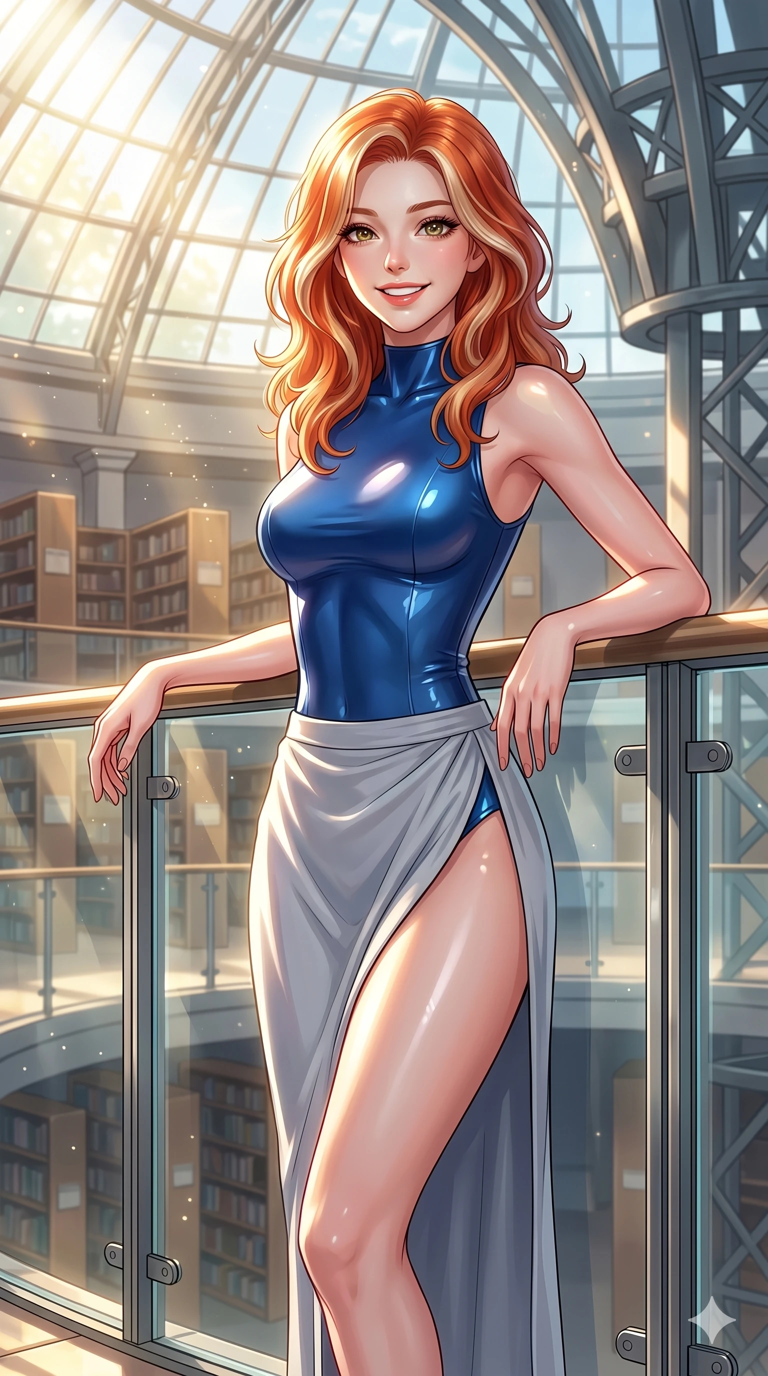 score_9, masterpiece, best quality, ultra-detailed, high-budget anime keyframe, vibrant anime aesthetic, Caucasian woman, strictly human ears. cowboy shot from the thighs up, character and outfit filling the frame for maximum presence. She is leaning on a terrace rail, looking at the viewer with a bright, joyful smile inside an elegant glass dome library in the morning (Code-P20-103). She has an absolutely perfect 8-heads proportion, an exceptionally tall and slender female figure with impossibly long slender legs and an ultra-slim waist. V-shaped jawline, high-bridge nose, intricate jewel-like eyes with depth, thick eyelashes, glossy lips with a natural sheen. wearing a bodycon leotard with high-slit wrap skirt. She is drenched in bright afternoon sun, highlighting the glossy textures of her outfit. 2k, ultra detail, master piece, 9:16 ratio