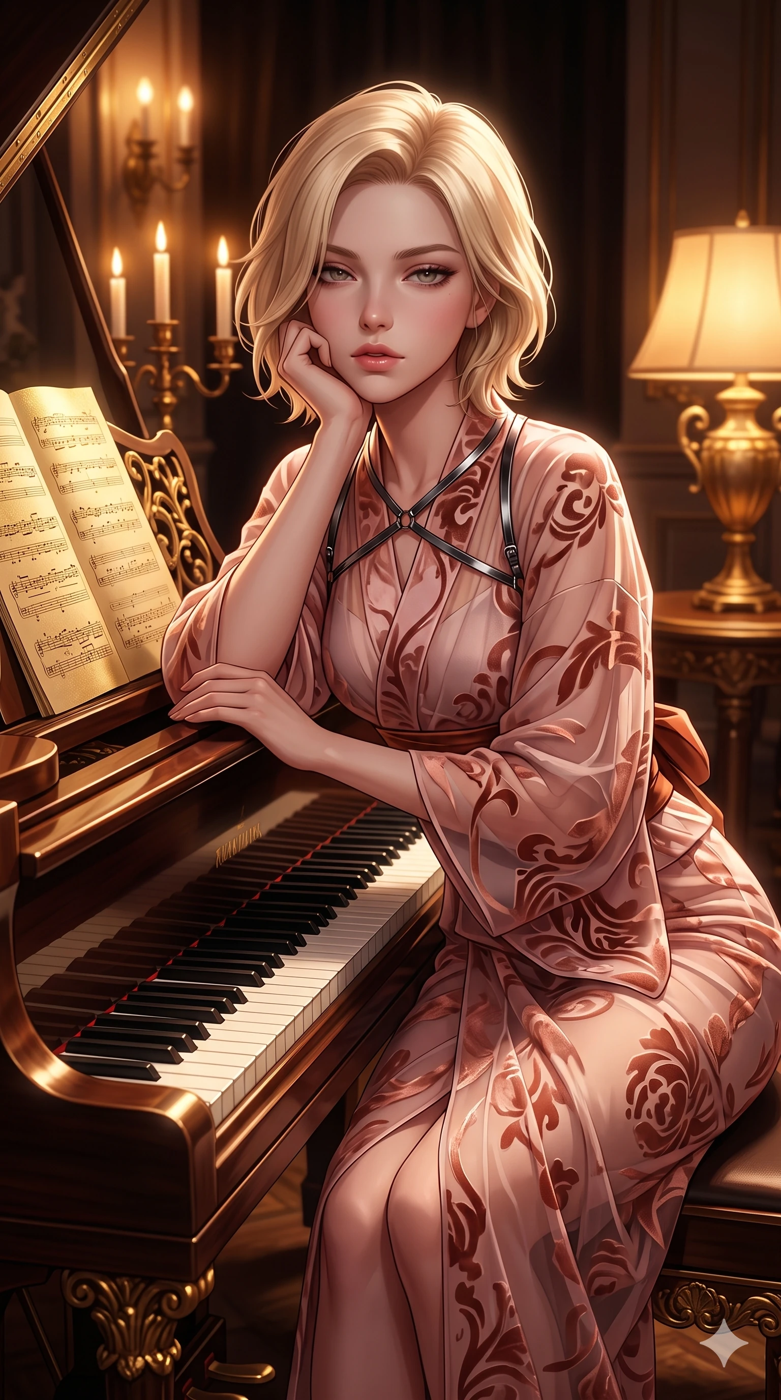 score_9, masterpiece, best quality, ultra-detailed, high-budget anime keyframe, semi-realistic 3D game render, editorial fashion photography, tasteful artistic composition, Caucasian woman. close-up cowboy shot from the waist and thighs up, the character dominates the composition, filling the frame with her large presence. resting one elbow on the table and supporting her chin, leaning close to the camera with heavy-lidded sparkling eyes and parted lips while resting one elbow on the instrument rim and supporting her chin, leaning close to the camera with heavy-lidded smoldering bedroom-eyes. The surrounding environment is rendered in vivid detail and crisp panoramic clarity: sharp ivory and ebony keyboard keys, gilded leg carvings, and crisp gold-leaf music score engravings in deep focus. She has an exceptionally elegant, slender, and willowy female figure with an ultra-slim waist, flat toned midriff, narrow ribcage, and sculpted feminine hips creating an alluring, slim hourglass silhouette without bulk. sharp v-shaped jawline, high-bridge nose, intricate jewel-like sparkling eyes with depth, thick eyelashes, glossy parted lips with a natural sheen, intensely captivating and seductive bedroom-eyes expression, exuding both youthful cute charm and sovereign luxury allure, flawlessly proportioned anatomical accuracy, strict slender model proportions, natural body alignment, perfectly sculpted long slender limbs, ultra-slim waistline, clean dynamic posture without body distortion. wearing a delicate semi-translucent silk yukata that clings to her wet skin and curvy hip contours in rose-quartz blush and burnished copper, made of sheer contouring power-mesh with velvet flocking patterns, accented with a chrome-drop body harness subtly framing her dewy collarbones and spine, the high-slit wrap tailoring accentuating her ultra-slim waistline and the enchanting curve of her feminine hips with alluring seductive charm. bathed in the soft, intimate warm 2600K ambient light of candelabras and gilded table lamps. highly saturated vibrant anime colors, detailed shading with soft gradients, rich glossy textures, high-contrast stereoscopic depth, volumetric dynamic lighting, master piece, 9:16 ratio