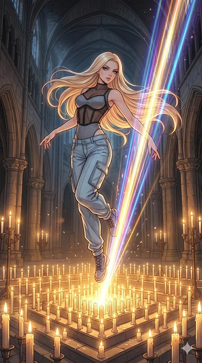 score_9, masterpiece, best quality, ultra-detailed, high-budget anime movie keyframe, cinematic anime lighting, intricate line art, Caucasian (strictly human ears) woman. Mid-air action shot capturing a graceful twist and vertical silhouette. manipul