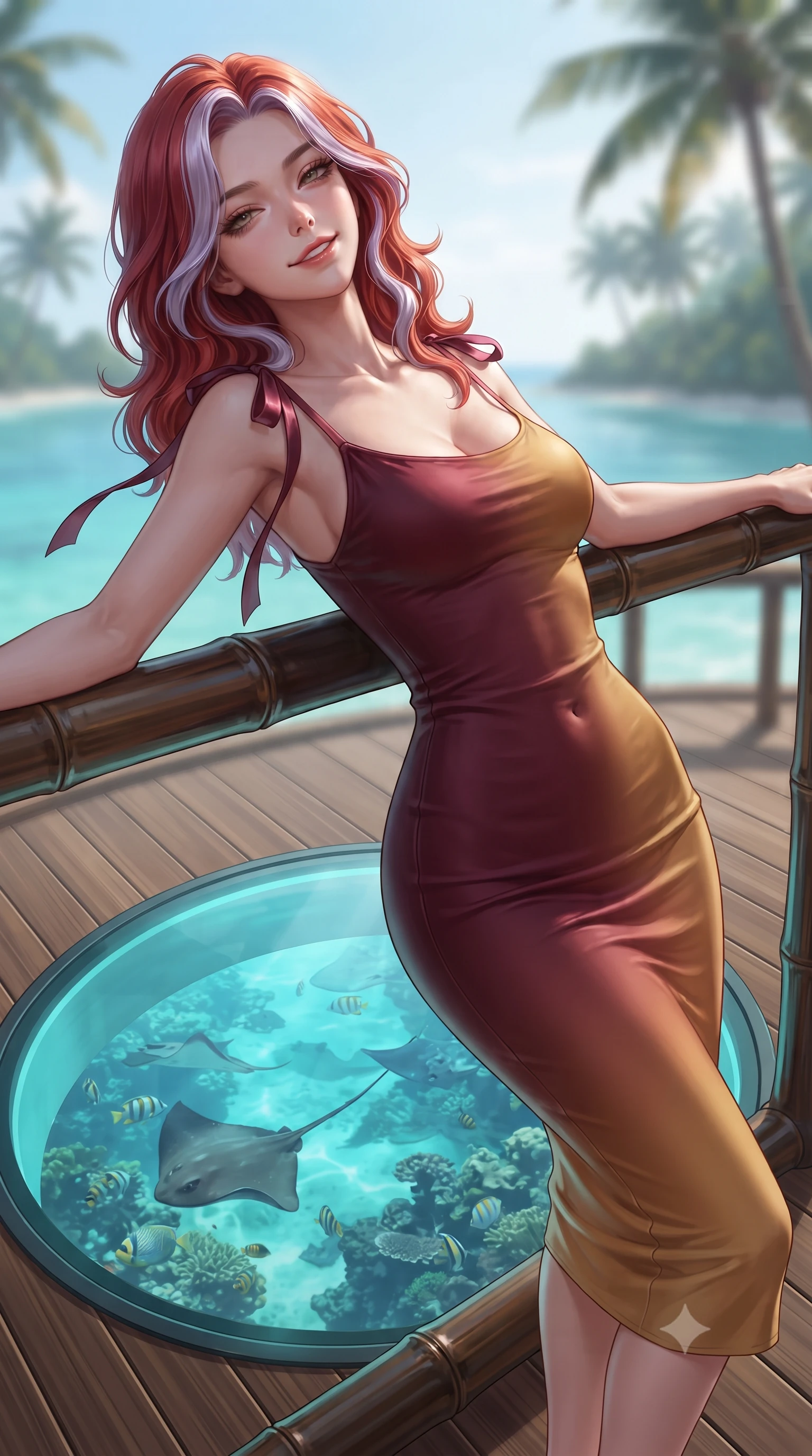 score_9, masterpiece, best quality, ultra-detailed, high-budget anime keyframe, editorial fashion photography, tasteful artistic composition, Caucasian woman. close-up cowboy shot from the waist and thighs up, the character dominates the composition, filling the frame with her large presence. leaning back against the balustrade with relaxed seductive grace, head tilted back slightly while casting a hypnotic, heavy-lidded gaze while standing poised on the polished bamboo deck beside the circular tempered glass floor opening revealing swimming stingrays below, arching her spine with wet-look siren grace. The background shows a soft-focus swimming stingrays and tropical reef fish visible through glass floor, open lagoon breeze, and distant coconut palm silhouettes blurred into turquoise, emerald, and cream bokeh. She has an exceptionally elegant, slender, and willowy female figure with an ultra-slim waist, flat toned midriff, narrow ribcage, and sculpted feminine hips creating an alluring, slim hourglass silhouette without bulk. sharp v-shaped jawline, high-bridge nose, intricate jewel-like sparkling eyes with depth, thick eyelashes, glossy parted lips with a natural peach sheen, bright cheerful beaming smile with an enchanting and coquettish sensual glint, exuding both youthful cute charm and seductive allure, flawlessly proportioned anatomical accuracy, strict slender model proportions, natural body alignment, perfectly sculpted long slender limbs, ultra-slim waistline, clean dynamic posture without body distortion. wearing a form-fitting Bohemian liquid silk jersey cocktail dress clinging smoothly to her narrow waist and rounded hips in Franschhoek vineyard pinotage burgundy and oak honey, crafted from fluid liquid silk satin that clings smoothly to her narrow waist and rounded hips with a dewy sheen, finished with satin ribbon ties at the shoulders fluttering in the gentle breeze, the second-skin tailored fabric adhering flawlessly to her sculpted flat midriff and slender torso, emphasizing her long leg lines and perfectly proportioned willowy build. illuminated by glass floor reflection bounce and sharp platinum-cyan rim lights defining her dewy collarbones, ultra-slim waist, and curvy hips. ultra-reflective glossy finish, specular highlights, rich textural contrasts, high-contrast stereoscopic depth, volumetric dynamic lighting, 2k, ultra detail, master piece, 9:16 ratio