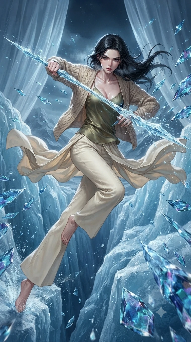 score_9, masterpiece, best quality, ultra-detailed, high-budget anime keyframe, editorial fashion photography, tasteful artistic composition, realistic cosplay photography, Korean woman. low angle full-body shot from head to toe showing her feet, filling the entire 9:16 vertical frame with her statuesque presence, stretching her vertical silhouette. lunging forward with a piercing thrust, her entire silhouette stretched in action through a narrow ice ridge of a giant cracking glacier, shards of sapphire-blue ice spraying into the freezing mountain air. She has a statuesque 8.5-heads proportion, an exceptionally tall, slender and willowy model-like build with impossibly long legs and a highly sculpted ultra-slim waist. sharp v-shaped jawline, high-bridge nose, intricate jewel-like eyes with depth, thick eyelashes, glossy lips with a natural sheen. wearing the lightweight fabric rippling and billowing dramatically with her movement, a slim-fit cozy beige cable-knit cardigan over an olive green silk slip top and cream-colored wide-leg pants. cold silver moonlight filtered through translucent gossamer curtains casting delicate shadows. ultra-reflective glossy finish, specular highlights, metallic sheen, high-contrast stereoscopic depth, volumetric dynamic lighting, 2k, ultra detail, master piece, 9:16 ratio