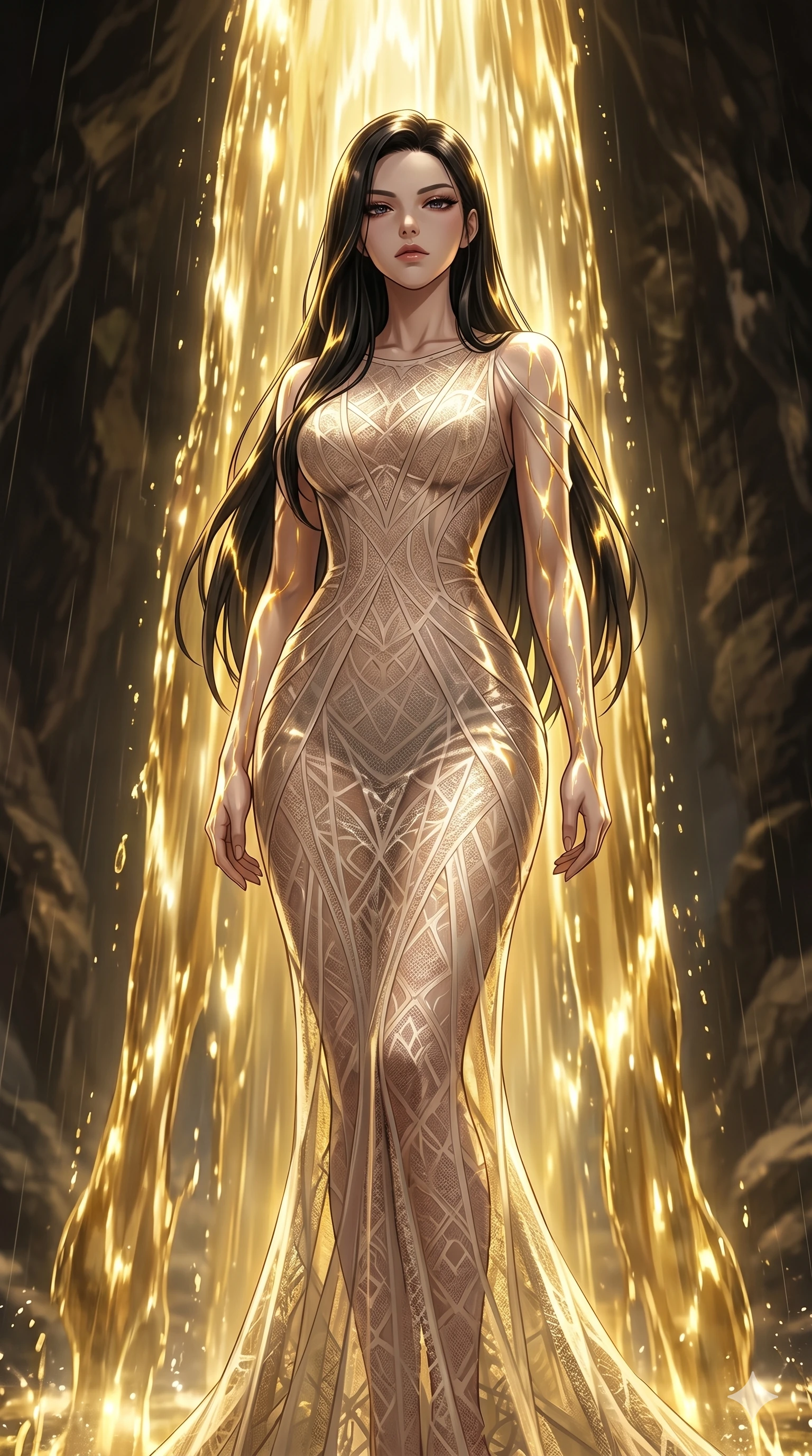 score_9, masterpiece, best quality, ultra-detailed, High-budget Anime Keyframe, East Asian woman. Low angle cowboy shot filling the entire 9:16 frame with her statuesque presence. Scenario 69: Standing under a waterfall of liquid gold, the artistic light reflections on her silhouette. Her presence is magnetic and overpowering in this high-budget anime scene. Outfit 69: A delicate technical lace translucent with a artistic translucent overlays and tight-fitting silhouette. The clothing is designed to emphasize her exceptionally tall and slender 8-heads proportion. 8-heads proportion, towering silhouette, ultra-slim waist. sharp v-shaped jawline, intricate jewel-like eyes with depth, thick eyelashes, glossy lips. 2k, ultra detail, master piece, 9:16 ratio