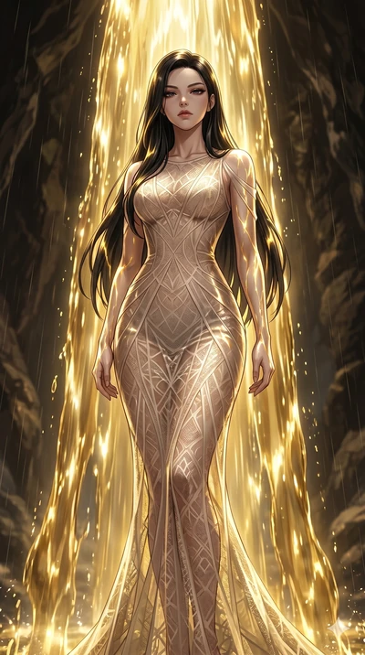 score_9, masterpiece, best quality, ultra-detailed, High-budget Anime Keyframe, East Asian woman. Low angle cowboy shot filling the entire 9:16 frame with her statuesque presence. Scenario 69: Standing under a waterfall of liquid gold, the artistic l