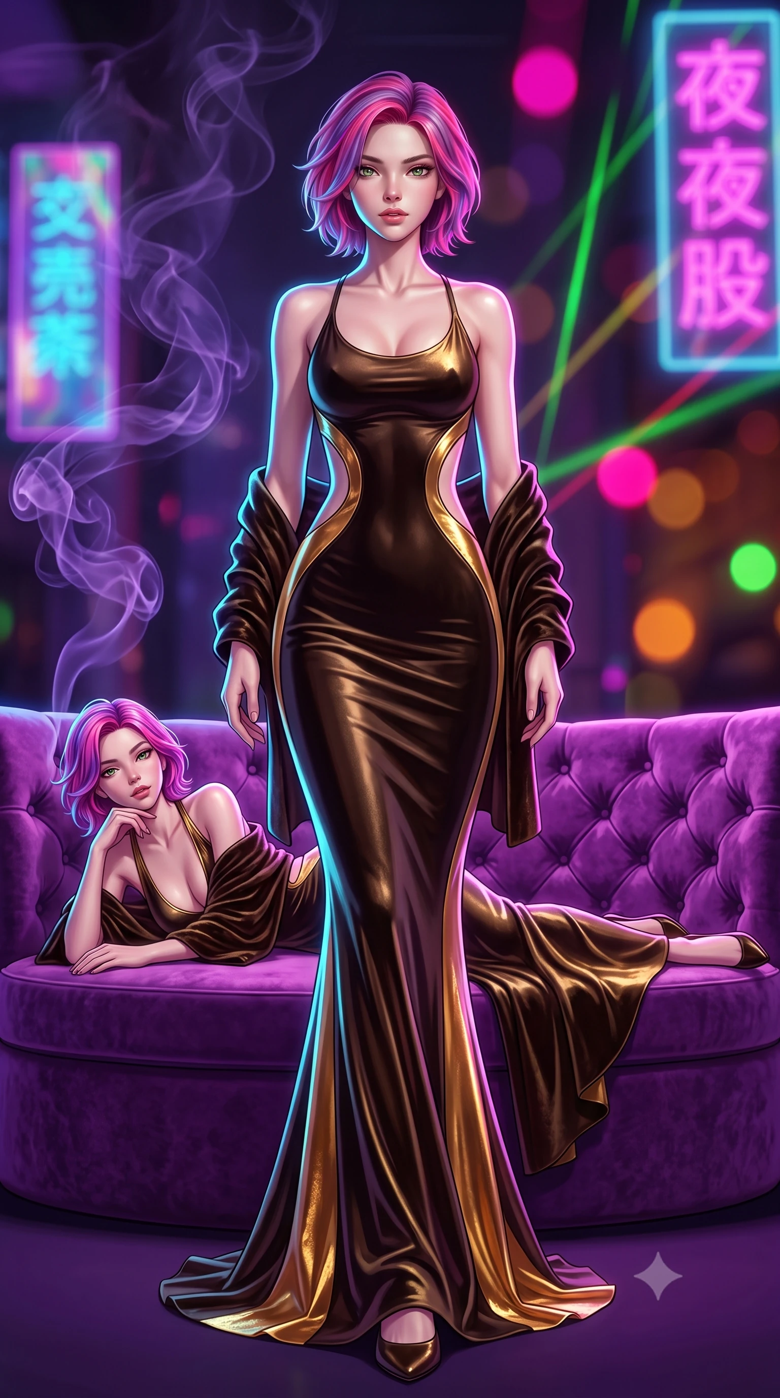 score_9, masterpiece, best quality, ultra-detailed, high-budget anime keyframe, semi-realistic 3D game render, editorial fashion photography, tasteful artistic composition, Caucasian woman. low angle full-body shot from head to toe showing her feet, filling the entire 9:16 vertical frame with her statuesque presence, stretching her vertical silhouette. striding forward in a proud supermodel runway stride, hips swaying in an alluring kinetic rhythm that accentuates her curvy hourglass silhouette while reclining on a tufted purple velvet circular booth propped on one elbow, her slender waist and curved hips sculpted by neon chiaroscuro. The composition keeps background elements in soft focus with creamy bokeh. swirling violet cigar smoke wisps and neon kanji holographic signs blurred into hot magenta, laser green, and deep amber bokeh. She has an exceptionally tall and slender model-like 8.5-heads proportion, an ultra-slim waist, a flat toned midriff, narrow delicate ribcage, and beautifully sculpted feminine hips creating a graceful, slim hourglass silhouette without any bulky heaviness, with impossibly long slender legs. sharp v-shaped jawline, high-bridge nose, intricate jewel-like eyes with depth, thick eyelashes, glossy parted lips with a natural sheen, intensely captivating and seductive bedroom-eyes expression, flawlessly proportioned anatomical accuracy, strict slender model proportions, natural body alignment, perfectly sculpted long slender limbs, ultra-slim waistline, clean dynamic posture without body distortion. wearing a sculptured liquid-satin mermaid gown with an architectural open-waist cutout and bare spine in dark espresso brown and molten gold foil, crafted from heavyweight crushed silk velvet with liquid vintage luster, complemented by a plush velvet shawl draped loosely over her elbows, the precision-cut side openings and low-back scoop framing her graceful spine and the sensual sweep of her slim, toned hips. illuminated by crisp directional edge lights defining her sculpted clavicle, flat midriff, and rounded hips. highly saturated vibrant anime colors, detailed shading with soft gradients, rich glossy textures, high-contrast stereoscopic depth, volumetric dynamic lighting, master piece, 9:16 ratio