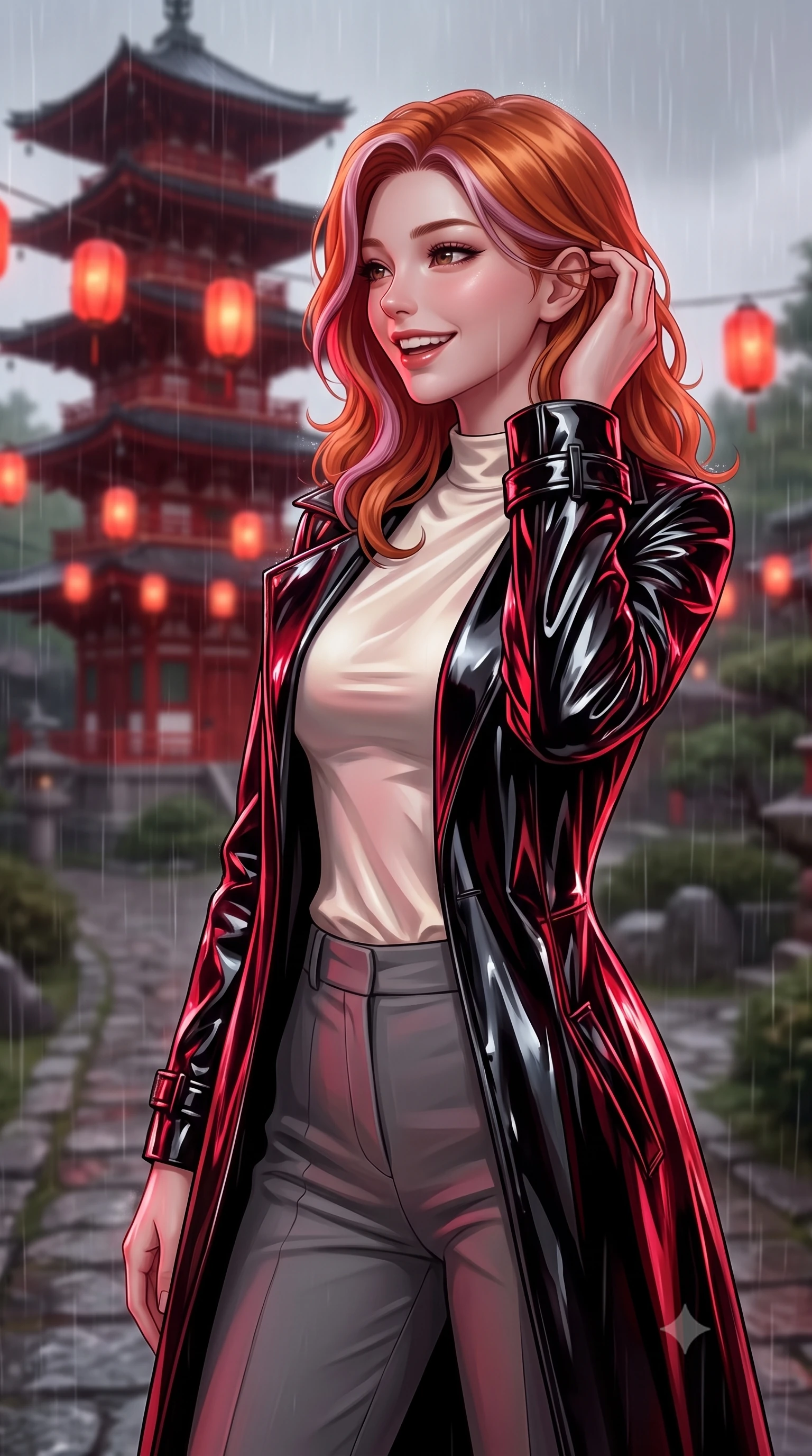 score_9, masterpiece, best quality, ultra-detailed, high-budget anime keyframe, editorial fashion photography, tasteful artistic composition, Caucasian woman, strictly human ears. close-up cowboy shot from the waist and thighs up, the character dominates the composition, filling the frame with her large presence, background elements kept in soft focus. Laughing softly while brushing a strand of hair behind her ear. set against a soft-focus background of on a stone path of a garden during a heavy warm summer rain shower, looking at a tall red wooden pagoda with floating red paper lanterns. She has an exceptionally elegant, slender, and willowy female figure with a highly-defined ultra-slim waist, a gracefully sculpted slender torso, and a refined slim-fit silhouette that contours her form. sharp v-shaped jawline, high-bridge nose, intricate jewel-like eyes with depth, thick eyelashes, glossy lips with a natural sheen. wearing a high-gloss black vinyl trench coat worn over an ivory silk mock-neck shirt, paired with tailored grey slacks. deep crimson theatrical lighting with sharp specular highlights on every curve. 2k, ultra detail, master piece, 9:16 ratio