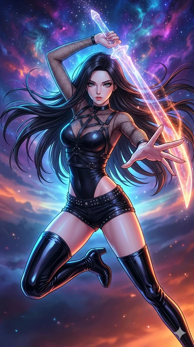 score_9, masterpiece, best quality, ultra-detailed, high-budget anime movie keyframe, cinematic anime lighting, intricate line art, Japanese anime girl. Extreme high angle shot as she leaps towards the camera, filling the frame. drawing stardust from