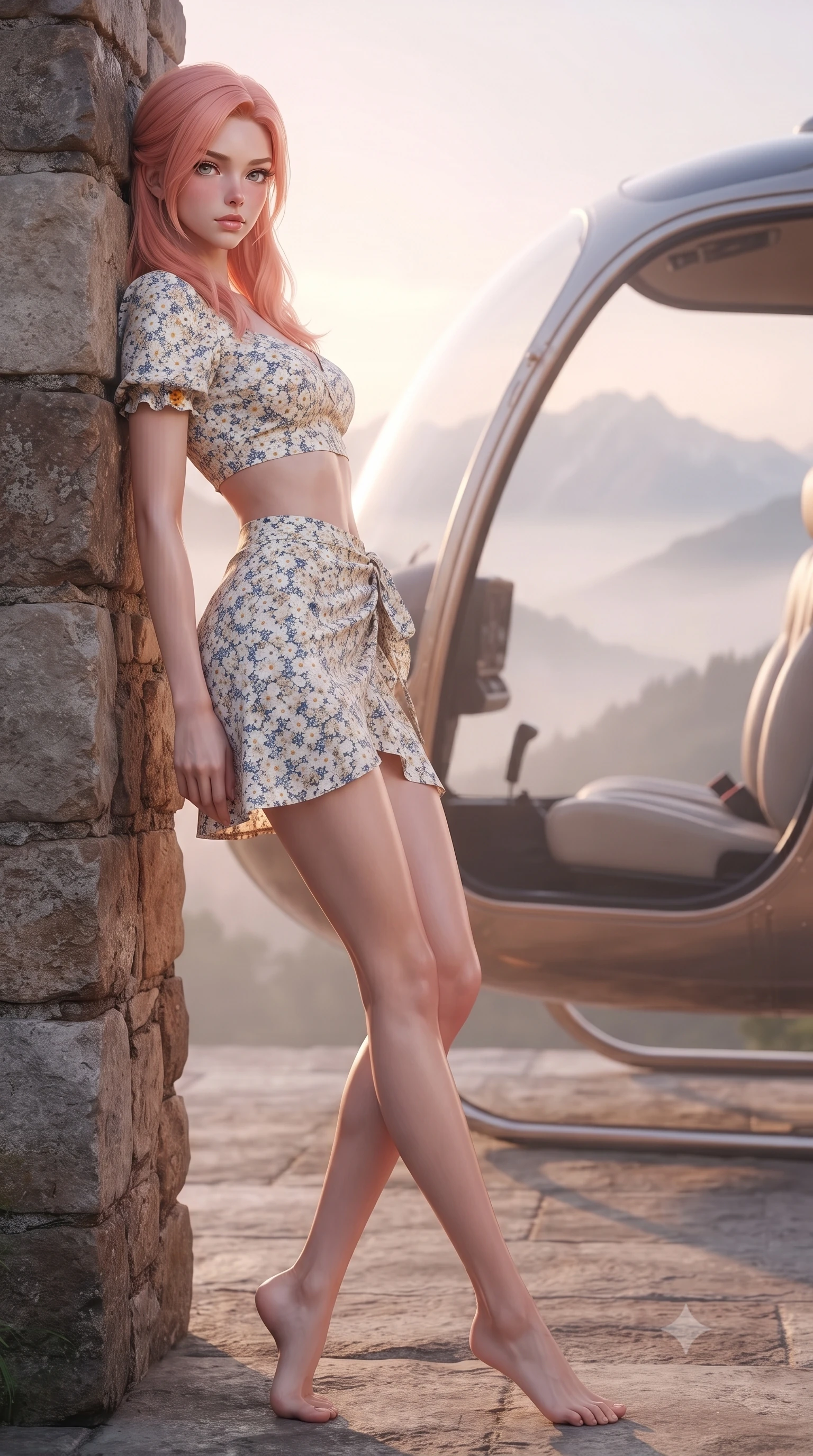 score_9, masterpiece, best quality, ultra-detailed, high-budget anime keyframe, editorial fashion photography, tasteful artistic composition, Japanese woman. low angle full-body shot from head to toe showing her feet, filling the entire 9:16 vertical frame with her statuesque presence, stretching her vertical silhouette. leaning back against a rustic stone wall, casting a slow, alluring gaze at the camera the background shows a soft-focus the passenger seat of a helicopter facing a misty mountain range at dawn. She has an absolutely perfect, statuesque 8.5-heads proportion, an exceptionally tall and slender model-like female figure with impossibly long slender legs and an ultra-slim waist. sharp v-shaped jawline, high-bridge nose, intricate jewel-like eyes with depth, thick eyelashes, glossy lips with a natural sheen. wearing a tailored summer vacation crop top and wrap skirt set in floral print cotton, showing her slim waist. soft morning mist diffusing the sunlight, creating a tranquil atmosphere. ultra-reflective glossy finish, specular highlights, metallic sheen, high-contrast stereoscopic depth, volumetric dynamic lighting, 2k, ultra detail, master piece, 9:16 ratio
