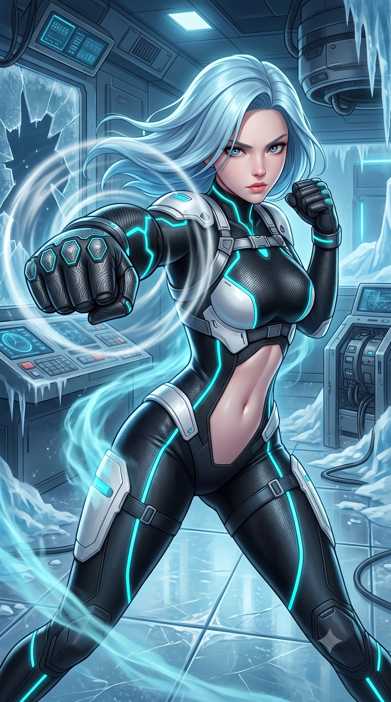 score_9, masterpiece, best quality, ultra-detailed, high-budget anime keyframe, semi-realistic 3D game render, editorial fashion photography, tasteful artistic composition, Korean woman. close-up cowboy shot from the waist and thighs up, the character dominates the composition, filling the frame with her large presence. thrusting a high-speed kinetic punch toward the camera, a visible conical shockwave distortion wrapping around her sleek carbon forearm while pivoting dynamically on ice-slicked tiles as cyan cryo-mist billows gracefully around her athletic, form-fitting armor. The surrounding environment is rendered in vivid detail and crisp panoramic clarity. high-contrast arctic chiaroscuro and sleek high-tech laboratory ruin captured with precision. She has an exceptionally elegant, slender, and willowy female figure with an ultra-slim waist, a gracefully sculpted slender torso, toned flat midriff, and a refined slim silhouette. sharp v-shaped jawline, high-bridge nose, intricate jewel-like eyes with depth, thick eyelashes, glossy lips with a natural sheen, flawlessly proportioned anatomical accuracy, strict slender model proportions, natural body alignment, perfectly sculpted long slender limbs, ultra-slim waistline, clean dynamic posture without body distortion. wearing a high-mobility matte-black carbon-fiber combat bodysuit with glowing neon cyan kinetic conduits and Damascus-textured knuckle guards in glacial ice-cyan carbon mesh with pure white armor plates, tailored from flexible second-skin carbon-mesh that clings flawlessly to her athletic curves, reinforced by a sleek titanium kinetic harness and glowing micro-energy straps, the sleek second-skin cut tightly hugging her graceful clavicle, narrow waist, and feminine curves with athletic precision. illuminated by crisp specular ice refractions outlining her ultra-slim waist, long legs, and flat midriff. rich saturated anime colors with glowing neon highlights, detailed shading with soft gradients, rich glossy textures, high-contrast stereoscopic depth, volumetric dynamic lighting, master piece, 9:16 ratio