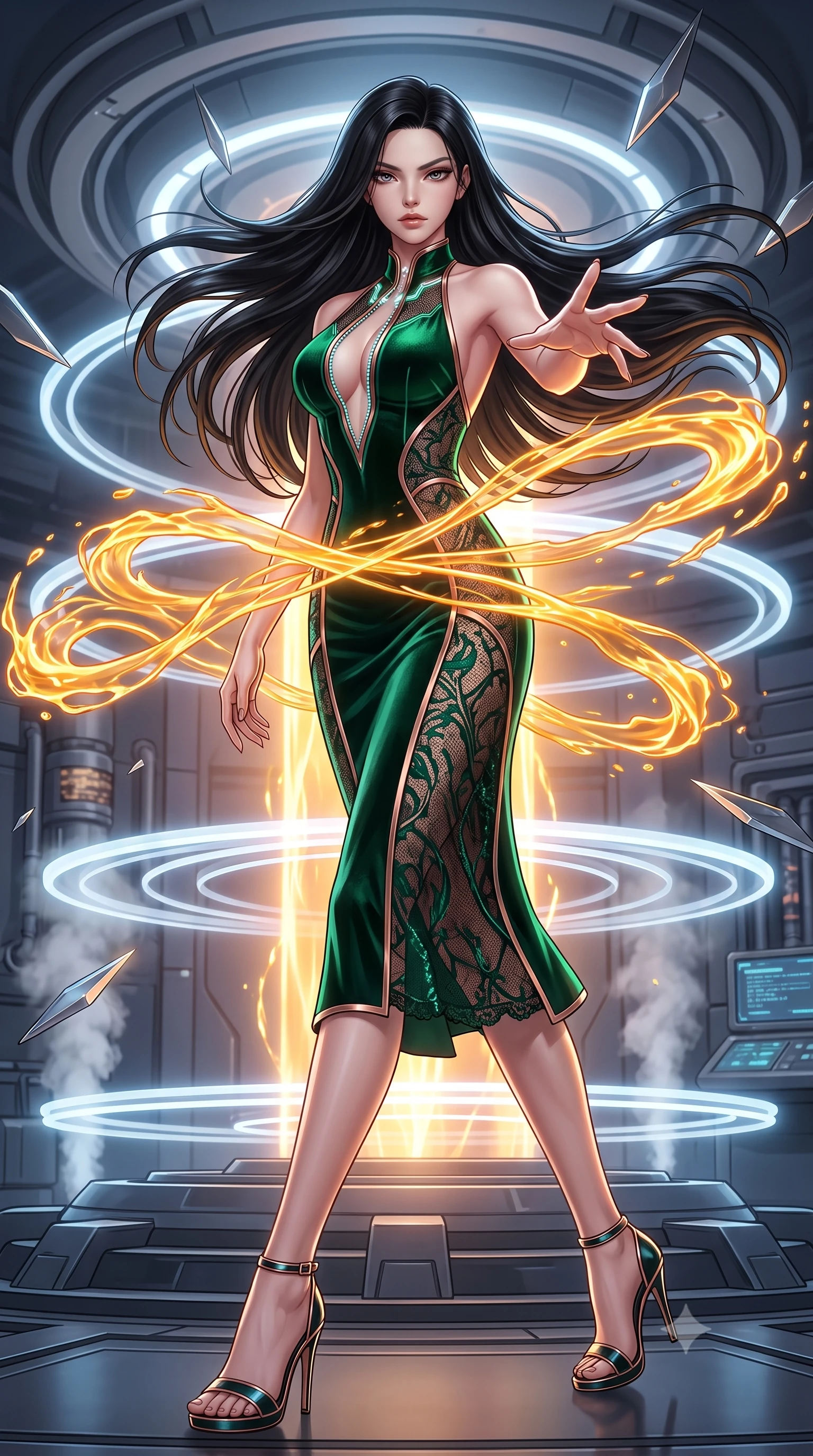 score_9, masterpiece, best quality, ultra-detailed, high-budget anime keyframe, semi-realistic 3D game render, editorial fashion photography, tasteful artistic composition, Korean woman. low angle full-body shot from head to toe showing her feet, filling the entire 9:16 vertical frame with her statuesque presence, stretching her vertical silhouette. striding forward in a proud, statuesque motion with a dangerous smolder, her vertical silhouette dominating the frame from head to toe while reaching forward with a dangerous smolder as streams of liquid plasma wrap around her waist. The surrounding environment is rendered in vivid detail and crisp panoramic clarity. crisp magnetic field rings, floating alloy shard edges, and detailed reactor conduits in deep focus. She has an absolutely perfect, statuesque 8.5-heads proportion, an exceptionally tall and slender model-like female figure with impossibly long slender legs and an ultra-slim waist. sharp v-shaped jawline, high-bridge nose, intricate jewel-like eyes with depth, thick eyelashes, glossy lips with a natural sheen, flawlessly proportioned anatomical accuracy, natural body alignment, perfectly sculpted elegant limbs, clean dynamic posture without body distortion. wearing a velvet halter-neck midi dress fitting her statuesque contour flawlessly with a Tasteful chest slit and open spine in emerald green and metallic rose gold trim, crafted from delicate dark lace interwoven with luminescent micro-fibers, featuring a dangerously unzipped neckline framed by glowing cybernetic accents, the daring cutouts accentuating her delicate midriff, graceful collarbones, and feminine contour. bathed in blazing golden-orange plasma radiance and sharp electric rim lighting. highly saturated vibrant anime colors, detailed shading with soft gradients, rich glossy textures, high-contrast stereoscopic depth, volumetric dynamic lighting, master piece, 9:16 ratio