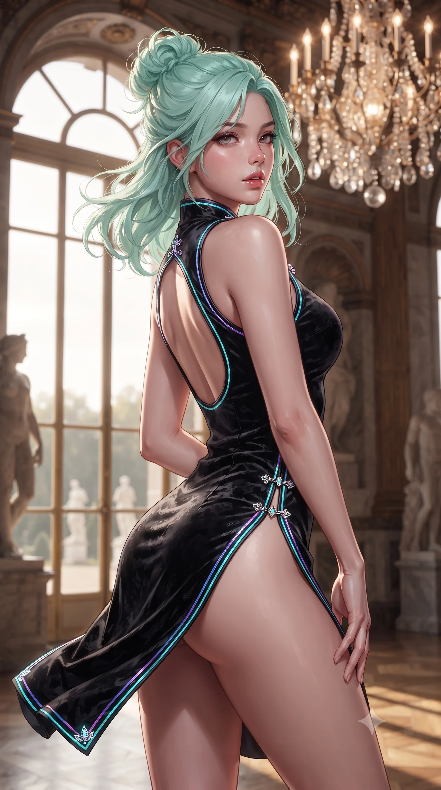 score_9, masterpiece, best quality, ultra-detailed, high-budget anime keyframe, editorial fashion photography, tasteful artistic composition, Japanese woman. close-up cowboy shot from the waist and thighs up, the character dominates the composition, filling the frame with her large presence. posing in an alluring rear three-quarter angle, arching her lower back in a pronounced S-curve with one hand on her hip, glancing seductively over her bare shoulder with parted glossy lips while standing poised beside a towering arched window, twisting her upper body in an alluring S-curve as evening breeze flutters her sweeping gown. The composition keeps background elements in soft focus with creamy bokeh. distant Orangerie gardens and marble statues softened in majestic imperial shallow focus. She has an exceptionally elegant, slender, and willowy female figure with an ultra-slim waist, flat toned midriff, narrow ribcage, and sculpted feminine hips creating an alluring, slim hourglass silhouette without bulk. sharp v-shaped jawline, high-bridge nose, intricate jewel-like eyes with depth, thick eyelashes, glossy parted lips with a natural sheen, intensely captivating and seductive bedroom-eyes expression, flawlessly proportioned anatomical accuracy, strict slender model proportions, natural body alignment, perfectly sculpted long slender limbs, ultra-slim waistline, clean dynamic posture without body distortion. wearing a modernized cyber-qipao mini dress with an ultra-high side slit ascending to the hip and glowing piping in pitch-black velvet with diamond crystal trim, crafted from heavyweight crushed silk velvet with liquid vintage luster, finished with an ultra-high side slit secured by miniature jeweled clasps, the precision-cut side openings and low-back scoop framing her graceful spine and the sensual sweep of her slim, toned hips. illuminated by warm crystal chandelier bounce light accentuating her graceful neck, narrow waist, and curvy hips. ultra-reflective glossy finish, specular highlights, rich textural contrasts, high-contrast stereoscopic depth, volumetric dynamic lighting, 2k, ultra detail, master piece, 9:16 ratio