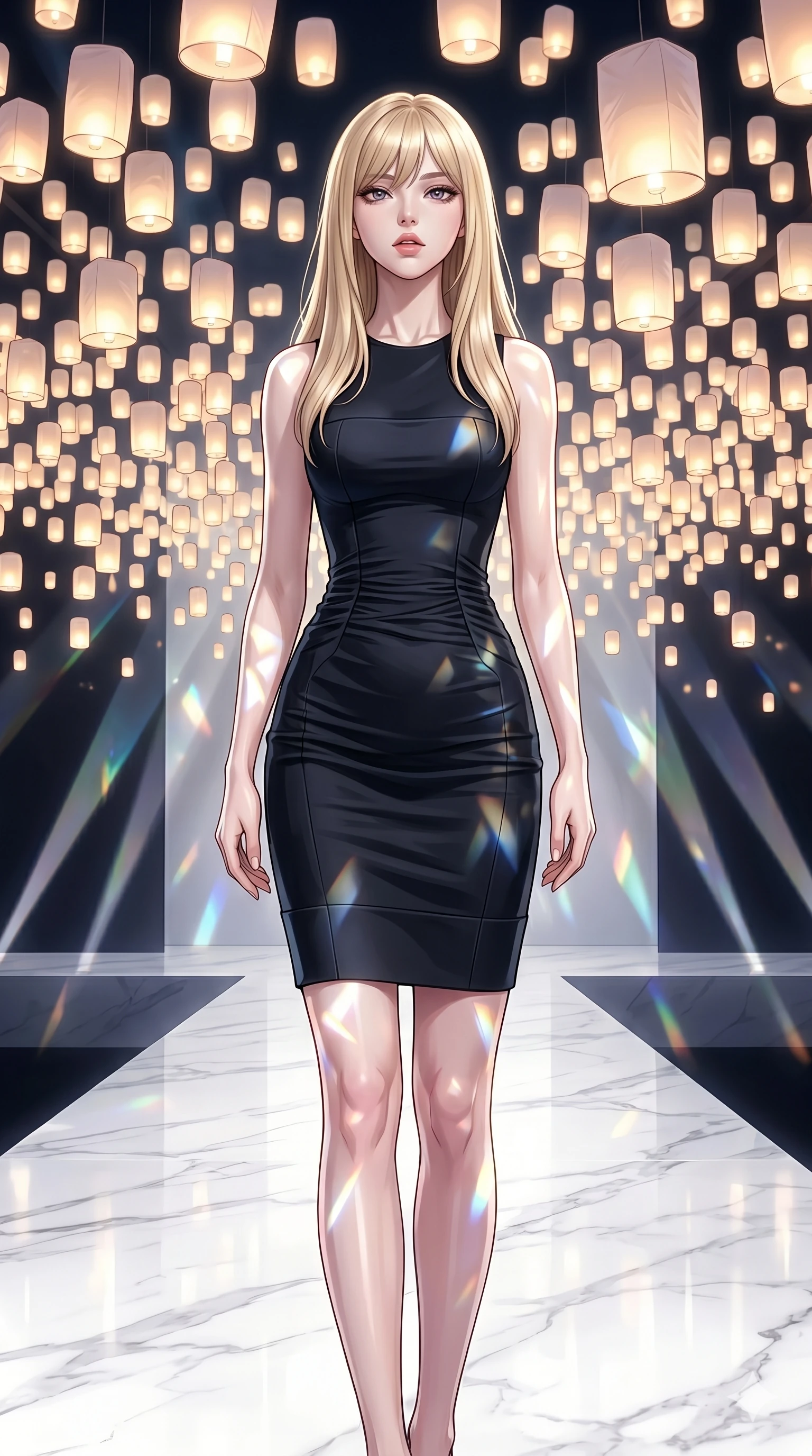 score_9, masterpiece, best quality, ultra-detailed, high-budget anime keyframe, editorial fashion photography, tasteful artistic composition, Japanese woman. cowboy shot from the thighs up, character and outfit filling the frame for maximum editorial presence. Tilting her chin up slightly with lips parted in a composed expression on a runway of polished white marble under a canopy of thousands of floating luminous lanterns. She has an absolutely perfect 8-heads proportion, an exceptionally tall and slender female figure with impossibly long slender legs and an ultra-slim waist. V-shaped jawline, high-bridge nose, intricate jewel-like eyes with depth, thick eyelashes, glossy lips with a natural sheen. wearing a sculpted viscose-jersey column dress in deep black with strategic ruching at the waist that highlights her ultra-slim waist, a fitted chest panel, and a structured hemline at mid-thigh. lit by mirror-reflected prismatic spotlights creating geometric light patterns that play across her body. 2k, ultra detail, master piece, 9:16 ratio