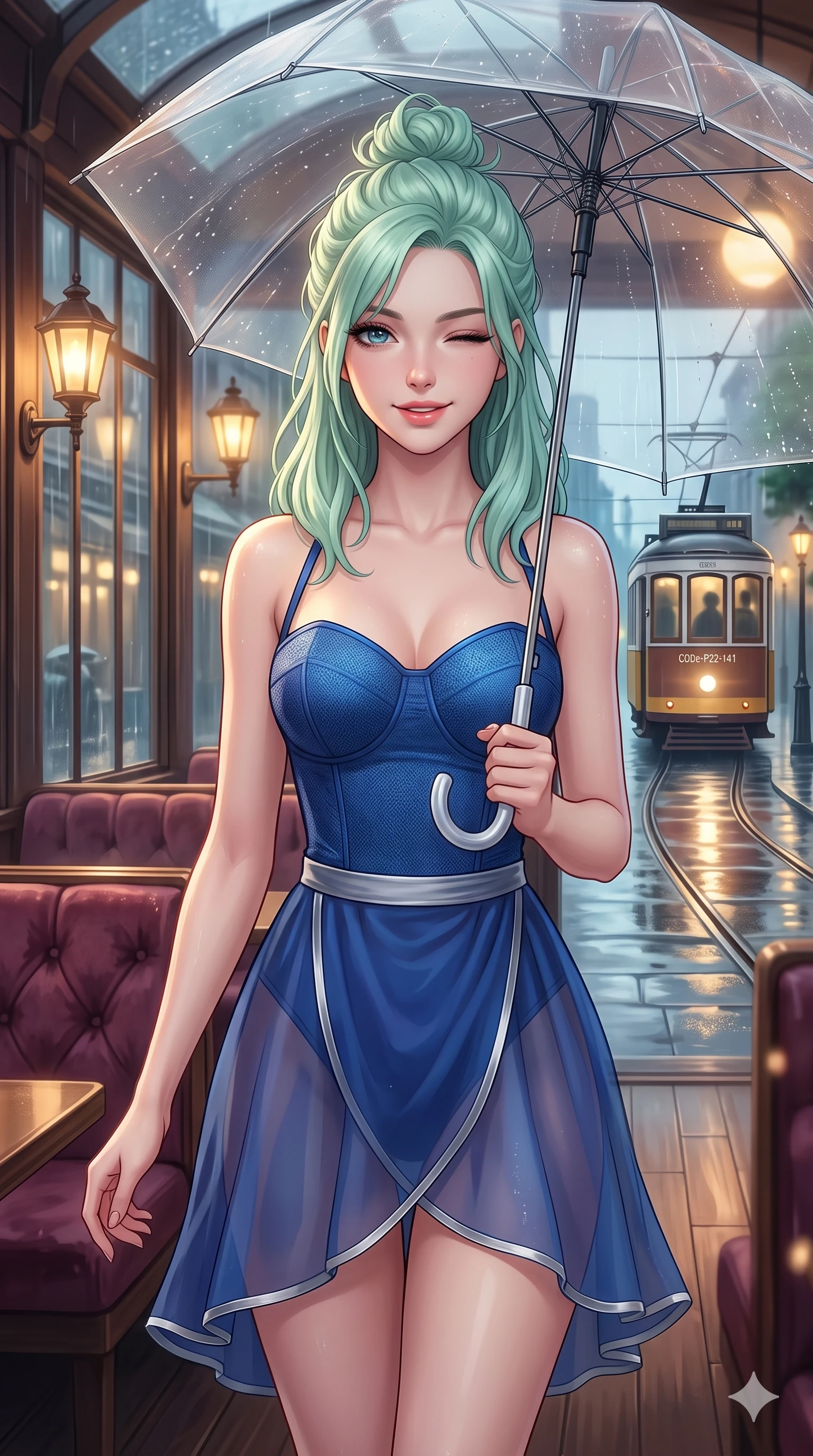 score_9, masterpiece, best quality, ultra-detailed, high-budget anime keyframe, vibrant anime aesthetic, Japanese woman. close-up cowboy shot from the waist and thighs up, the character dominates the composition, filling the frame with her large presence, background elements kept in soft focus. She is standing under a clear umbrella, winking playfully with a delightful smile, looking directly into the lens with a lively, expressive stance. the background shows a soft-focus retro-themed cafe corner with plush velvet booths and a view of rain-slicked tram tracks outside (Code-P22-141). She has an absolutely perfect proportion, an exceptionally elegant and slender female figure with an ultra-slim waist. V-shaped jawline, high-bridge nose, intricate jewel-like eyes with depth, thick eyelashes, glossy lips with a natural sheen. wearing a structured textured bodice with a sweetheart neckline and a translucent chiffon wrap skirt in sapphire blue and silver trim. She is illuminated by warm gaslight street lamps, casting soft reflections on wet pavements, outlining her elegant silhouette inside the retro conservatory cafe. 2k, ultra detail, master piece, 9:16 ratio