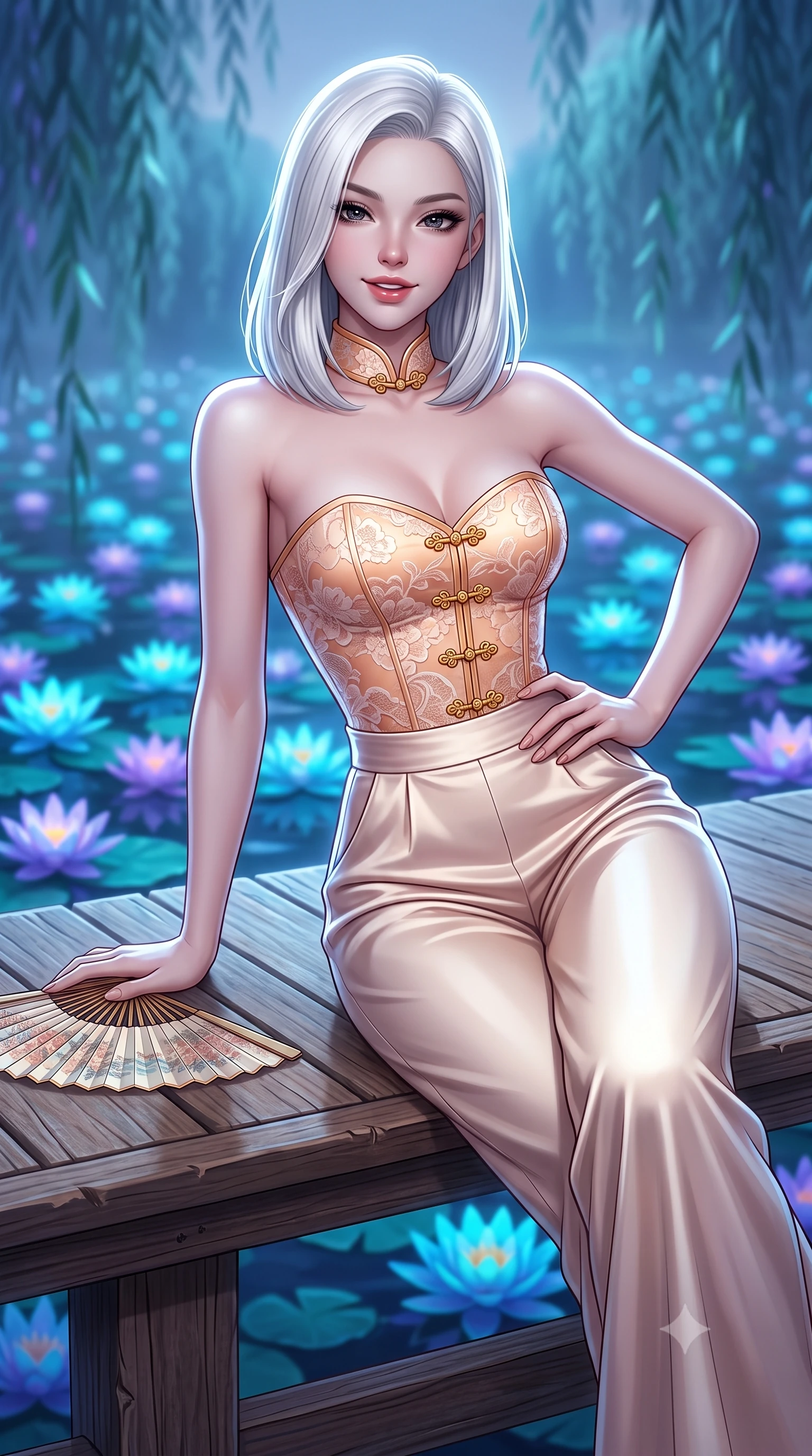 score_9, masterpiece, best quality, ultra-detailed, high-budget anime keyframe, semi-realistic 3D game render, editorial fashion photography, tasteful artistic composition, Korean woman. close-up cowboy shot from the waist and thighs up, the character dominates the composition, filling the frame with her large presence. twisting her slender torso in an alluring contrapposto stance, one hand resting on her sculpted hip while holding a traditional silk folding fan with effortless poise while lounging gracefully across a wooden landing platform propped on one arm, her long slender legs and hourglass curves radiating fantasy allure. The background shows a soft-focus hundreds of pulsating cyan and ultraviolet floating water lilies and misty weeping willows blurred into sapphire, turquoise, and amethyst bokeh. She has an exceptionally elegant, slender, and willowy female figure with an ultra-slim waist, flat toned midriff, narrow ribcage, and sculpted feminine hips creating an alluring, slim hourglass silhouette without bulk. sharp v-shaped jawline, high-bridge nose, intricate jewel-like dark sparkling almond eyes with depth, thick lashes, glossy parted lips with a natural rose-plum sheen, bright alluring and coquettish smile with bedroom-eyes, exuding both timeless oriental elegance and sovereign high-fashion allure, flawlessly proportioned anatomical accuracy, strict slender model proportions, natural body alignment, perfectly sculpted long slender limbs, ultra-slim waistline, clean dynamic posture without body distortion. wearing a strapless structured silk brocade bustier top paired with flowing wide-leg satin palazzo trousers cinched at the waist in warm peach apricot and soft vanilla silk, woven from delicate semi-opaque floral lace with oriental peony patterns, accented with intricate gold frog buttons and a delicate mandarin collar, the glove-like silhouette tightly following the natural contour of her hips and long slender legs with youthful 8.5-heads elegance. illuminated by soft moonlight and sharp platinum rim lights defining her sculpted collarbones, ultra-slim waist, and curvy hips. highly saturated vibrant anime colors, detailed shading with soft gradients, rich glossy textures, high-contrast stereoscopic depth, volumetric dynamic lighting, master piece, 9:16 ratio