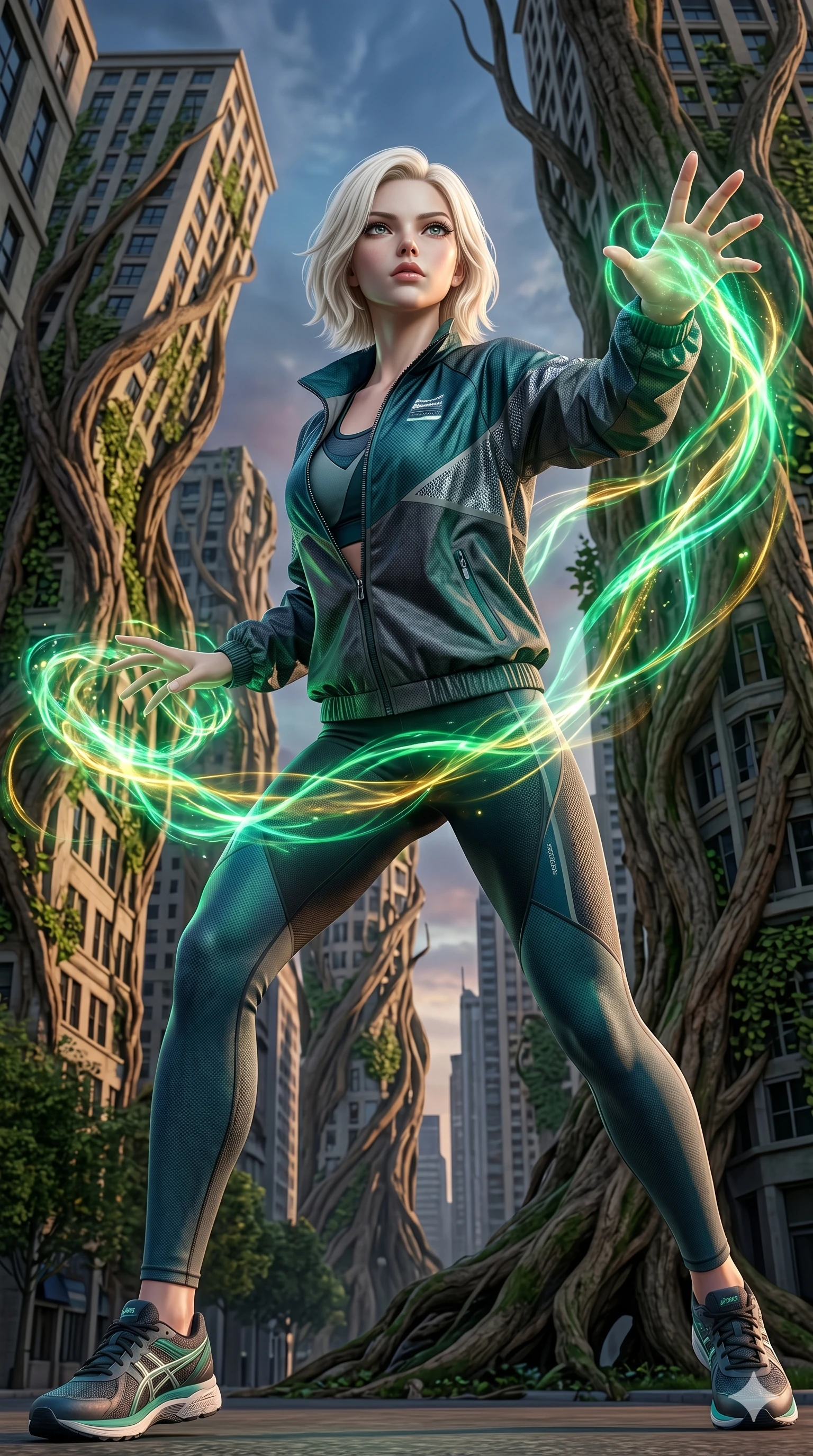 score_9, masterpiece, best quality, ultra-detailed, photorealistic 8k CG, hyper-detailed textures, ray-tracing, Caucasian (strictly human ears) woman. Low angle cowboy shot capturing a powerful motion and statuesque presence. casting a spell that makes the city buildings grow like trees. She has an graceful and slender female figure with elegant proportions. strictly human anatomy, two legs only, no extra limbs, clearly defined legs and arms, well-defined anatomy, perfect hands and fingers. sharp v-shaped jawline, high-bridge nose, intricate jewel-like eyes, thick eyelashes, glossy lips. Wearing Premium Athleisure: Premium athletic wear set with a stylish windbreaker and high-performance activewear. The scene is illuminated by dramatic atmospheric lighting and vibrant color palettes. , 2k, ultra detail, master piece, 9:16 ratio