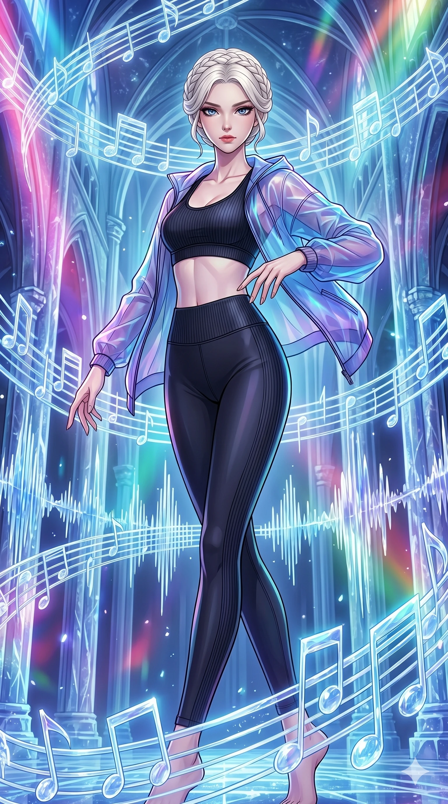 score_9, masterpiece, best quality, ultra-detailed, high-budget anime movie keyframe, cinematic anime lighting, intricate line art, Korean anime girl. Dynamic full-body shot stretching the vertical silhouette with extreme perspective. spinning in a cathedral made of frozen music notes. She has an absolutely perfect 8-heads proportion, an exceptionally tall and slender female figure with an ultra-slim waist and impossibly long slender legs. strictly human anatomy, two legs only, no extra limbs, clearly defined legs and arms, perfect anatomy, perfect hands and fingers. sharp v-shaped jawline, high-bridge nose, intricate jewel-like eyes, thick eyelashes, glossy lips. Wearing Premium Athleisure: Ribbed sports bra and leggings set, sheer windbreaker, and sleek high-performance activewear. The scene is illuminated by dramatic atmospheric lighting and vibrant color palettes. , 2k, ultra detail, master piece, 9:16 ratio
