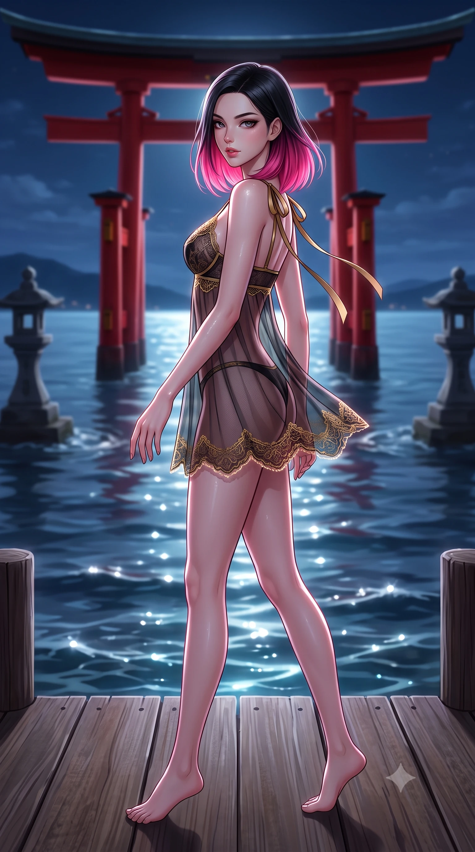 score_9, masterpiece, best quality, ultra-detailed, high-budget anime keyframe, semi-realistic 3D game render, editorial fashion photography, tasteful artistic composition, Korean woman. low angle full-body shot from head to toe showing her feet, filling the entire 9:16 vertical frame with her statuesque presence, stretching her vertical silhouette. walking along the terrace with poise, looking back over her bare shoulder with an irresistible smoldering bedroom-gaze while standing poised on the private wooden pier extending into the Seto Inland Sea, arching her back with queenly grace as the monumental scarlet Torii gate stands bathed in moonlight. The background shows a soft-focus gentle nocturnal tide ripples softened in historic island shrine shallow focus. She has an exceptionally tall and slender model-like 8.5-heads proportion, an ultra-slim waist, a flat toned midriff, narrow delicate ribcage, and beautifully sculpted feminine hips creating a graceful, slim hourglass silhouette without any bulky heaviness, with impossibly long slender legs. sharp v-shaped jawline, high-bridge nose, intricate jewel-like sparkling eyes with depth, thick eyelashes, glossy parted lips with a natural peach sheen, bright cheerful beaming smile with an enchanting and coquettish sensual glint, exuding both youthful cute charm and seductive allure, flawlessly proportioned anatomical accuracy, strict slender model proportions, natural body alignment, perfectly sculpted long slender limbs, ultra-slim waistline, clean dynamic posture without body distortion. wearing a translucent liquid-latex trimmed sheer lace babydoll with delicate fiber-optic trim along the scalloped hem in Shanghai noir black and imperial 24k gold, woven from fine semi-opaque stretch illusion mesh tracing her slender contours, finished with satin ribbon ties at the shoulders fluttering in the gentle breeze, the liquid-tight tailored fabric clinging flawlessly to her narrow waist and rounded feminine hips, emphasizing every millimeter of her sculpted slim hourglass curves without any bulky heaviness. illuminated by sea water specular highlights and sharp rose-gold rim lights sculpting her dewy collarbones, ultra-slim waist, and curvy hips. highly saturated vibrant anime colors, detailed shading with soft gradients, rich glossy textures, high-contrast stereoscopic depth, volumetric dynamic lighting, master piece, 9:16 ratio