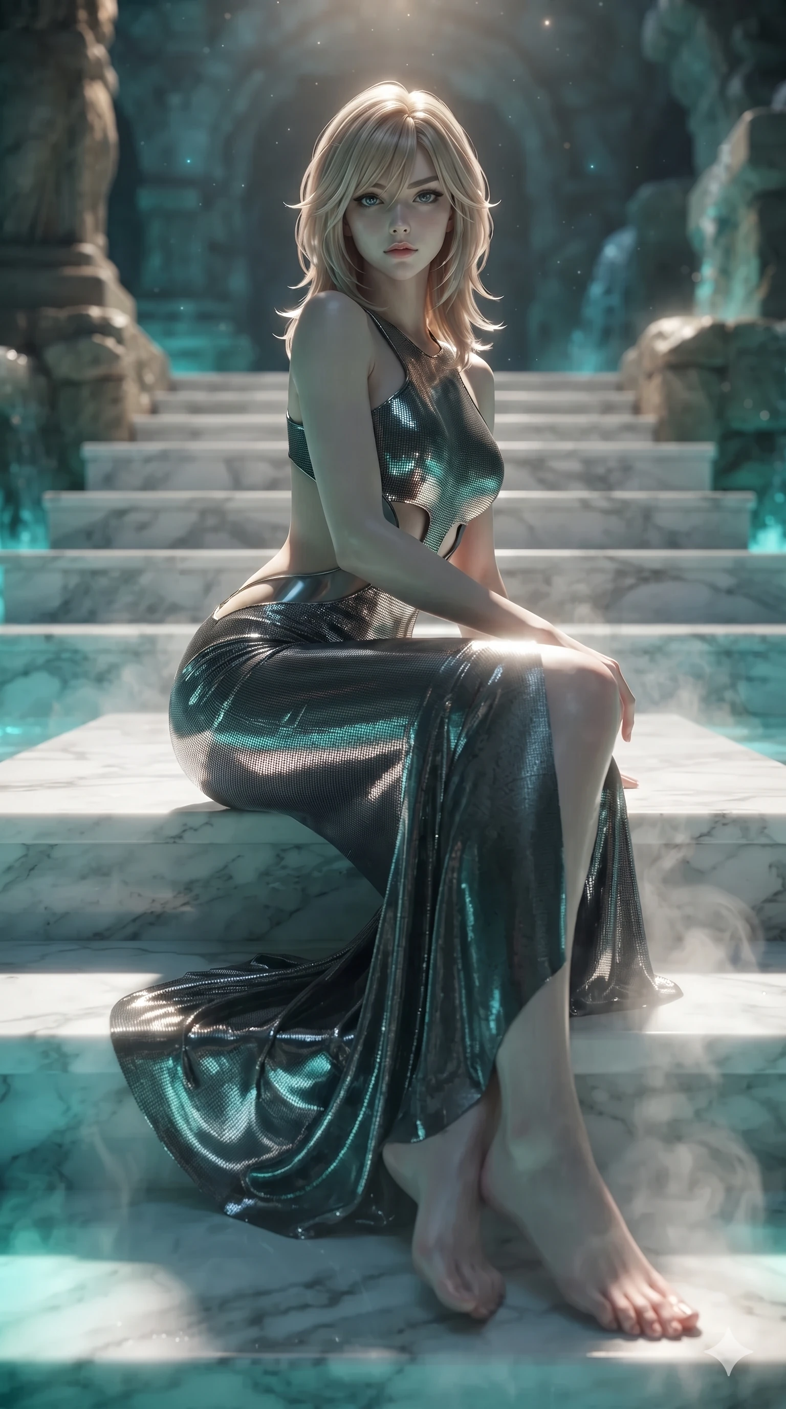 score_9, masterpiece, best quality, ultra-detailed, high-budget anime keyframe, editorial fashion photography, tasteful artistic composition, Japanese woman. low angle full-body shot from head to toe showing her feet, filling the entire 9:16 vertical frame with her statuesque presence, stretching her vertical silhouette. sitting poised on the Carrara marble steps with one knee bent, arching her spine with supermodel elegance as she glances upward through thick eyelashes while standing poised at the center of the transparent span, arching her lower back with sovereign supermodel grace as mineral waterfall mist rises around her. The surrounding environment is rendered in vivid detail and crisp panoramic clarity: detailed mermaid gown tailoring, open-back leather harness straps, and monumental aquatic architecture in razor-sharp clarity. She has an exceptionally tall and slender model-like 8.5-heads proportion, an ultra-slim waist, a flat toned midriff, narrow delicate ribcage, and beautifully sculpted feminine hips creating a graceful, slim hourglass silhouette without any bulky heaviness, with impossibly long slender legs. sharp v-shaped jawline, high-bridge nose, intricate jewel-like sparkling eyes with depth, thick eyelashes, glossy parted lips with a natural sheen, intensely captivating and seductive bedroom-eyes expression, exuding both youthful cute charm and sovereign luxury allure, flawlessly proportioned anatomical accuracy, strict slender model proportions, natural body alignment, perfectly sculpted long slender limbs, ultra-slim waistline, clean dynamic posture without body distortion. wearing a sculptured liquid-satin mermaid gown with an architectural open-waist cutout and bare spine in charcoal grey and polished chrome, crafted from stretch micro-mesh with liquid foil coating that shimmers with every movement, accented with an open-back drape framed by falling strands of delicate chrome chains, the bespoke structured tailoring following the natural line of her 8.5-heads silhouette with refined elegance. bathed in the vibrant underwater turquoise illumination filtering through the glass floor mixed with warm overhead starlight. ultra-reflective glossy finish, specular highlights, rich textural contrasts, high-contrast stereoscopic depth, volumetric dynamic lighting, 2k, ultra detail, master piece, 9:16 ratio