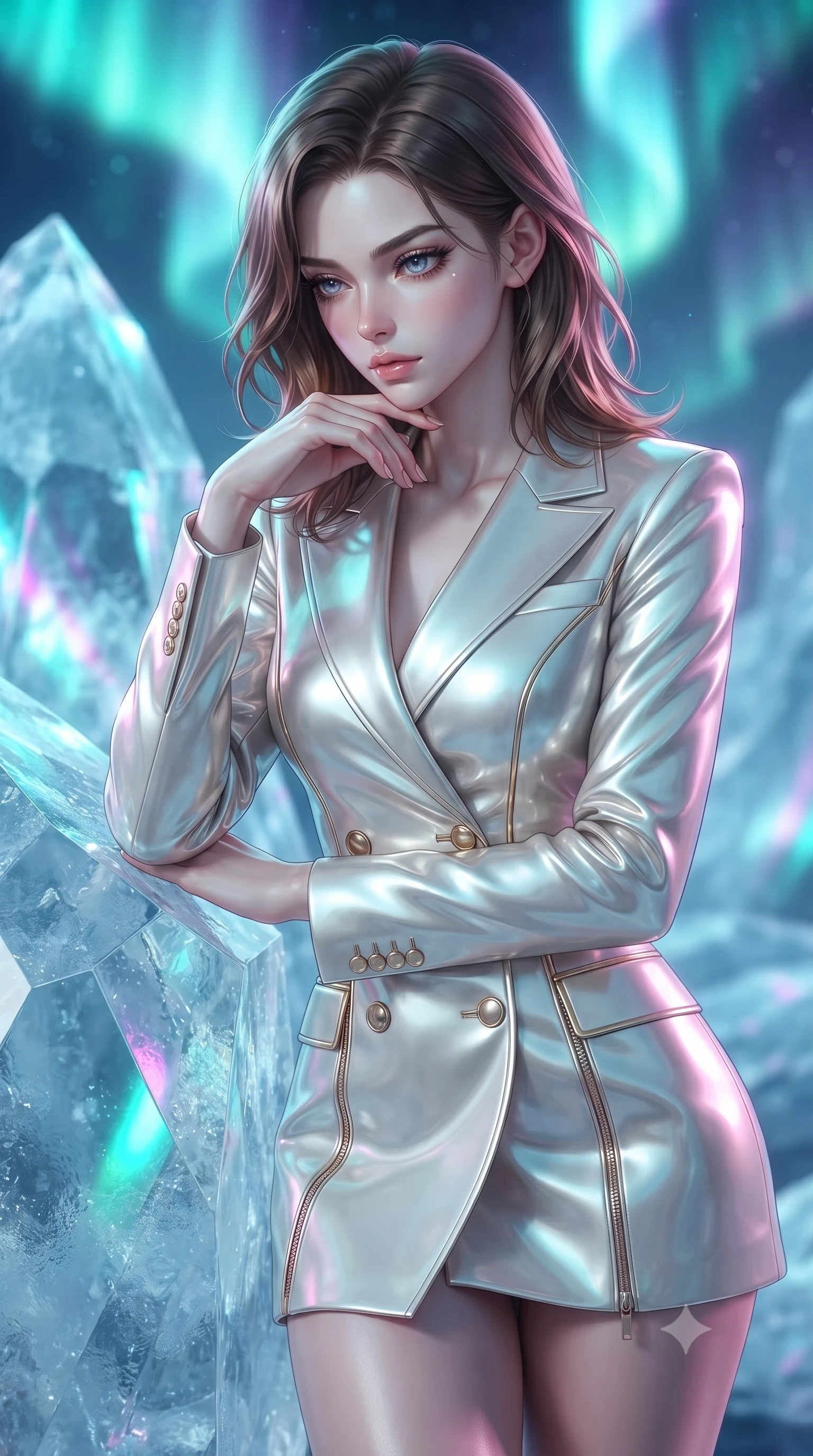 score_9, masterpiece, best quality, ultra-detailed, high-budget anime keyframe, editorial fashion photography, tasteful artistic composition, Korean woman. close-up cowboy shot from the waist and thighs up, the character dominates the composition, filling the frame with her large presence, background elements kept in soft focus. Resting her chin on the backs of her fingers with an air of effortless superiority, resting against a frozen crystal monolith catching brilliant polar light spectrums, high-contrast ice facets reflecting electric cyan specular highlights. She has an exceptionally elegant, slender, and willowy female figure with an ultra-slim waist, a gracefully sculpted slender torso, and a refined silhouette. sharp v-shaped jawline, high-bridge nose, intricate jewel-like eyes with depth, thick eyelashes, glossy lips with a natural sheen. wearing tailored double-breasted opal white blazer dress in glowing ivory, made of sculpted platinum chrome, finished with metallic gold boning and sleek zipper points, sculpting her athletic slender build with refined precision. illuminated by shifting aurora borealis light from above. ultra-reflective glossy finish, specular highlights, metallic sheen, high-contrast stereoscopic depth, volumetric dynamic lighting, 2k, ultra detail, master piece, 9:16 ratio