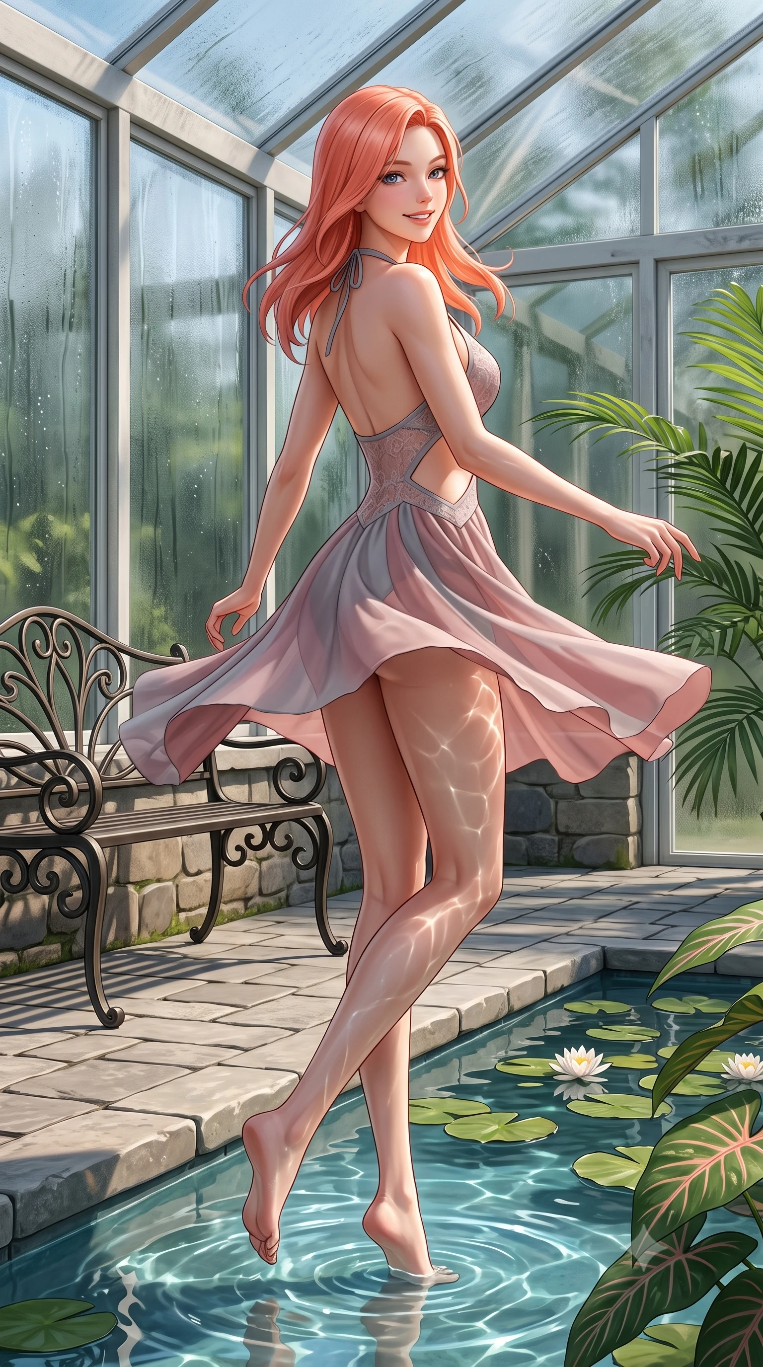 score_9, masterpiece, best quality, ultra-detailed, high-budget anime keyframe, semi-realistic 3D game render, editorial fashion photography, tasteful artistic composition, Japanese woman. low angle full-body shot from head to toe showing her feet, filling the entire 9:16 vertical frame with her statuesque presence, stretching her vertical silhouette. executing a cheerful mid-motion pivot turn as her skirt flutters around her slender legs, glancing over her shoulder with an intoxicating, teasing cute expression while wading lightly beside a tranquil stone lily pond with one knee bent, water caustics tracing her feminine hips and long slender legs. The surrounding environment is rendered in vivid detail and crisp panoramic clarity. sharp wrought-iron bench scrollwork, tropical leaf venation, and glass pane condensation in deep focus. She has an exceptionally tall and slender model-like 8.5-heads proportion, an ultra-slim waist, a flat toned midriff, narrow delicate ribcage, and beautifully sculpted feminine hips creating a graceful, slim hourglass silhouette without any bulky heaviness, with impossibly long slender legs. sharp v-shaped jawline, high-bridge nose, intricate jewel-like sparkling eyes with depth, thick eyelashes, glossy parted lips with a natural peach sheen, bright cheerful beaming smile with an enchanting and coquettish sensual glint, exuding both youthful cute charm and seductive allure, flawlessly proportioned anatomical accuracy, strict slender model proportions, natural body alignment, perfectly sculpted long slender limbs, ultra-slim waistline, clean dynamic posture without body distortion. wearing a backless pastel halter sundress with side-waist diamond cutouts and an ultra-fitted hip-hugging silhouette in dusty rose and soft dove grey, made of sheer contouring stretch lace with delicate floral patterns, finished with subtle ruffle trims and delicate pearl buttons, the precision-cut side openings and low-back scoop framing her graceful spine and the sensual sweep of her slim, toned hips. illuminated by sparkling pool water caustics sharply sculpting her razor-sharp jawline, narrow waist, and curvy hips. highly saturated vibrant anime colors, detailed shading with soft gradients, rich glossy textures, high-contrast stereoscopic depth, volumetric dynamic lighting, master piece, 9:16 ratio