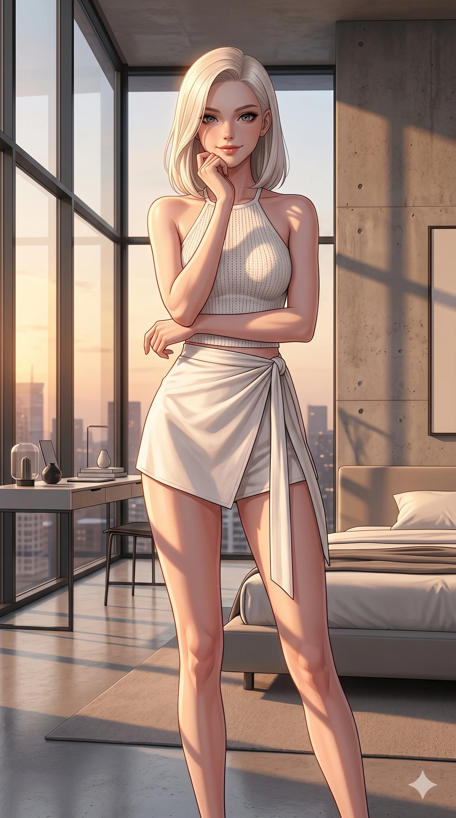 score_9, masterpiece, best quality, ultra-detailed, high-budget anime keyframe, editorial fashion photography, tasteful artistic composition, Caucasian woman, strictly human ears. cowboy shot from the thighs up, character and outfit filling the frame for maximum editorial presence. resting her chin on her fingers, smiling with quiet magnetic charm directly into the lens inside a modern loft bedroom with floor-to-ceiling glass walls (Code-P16-009). She has an absolutely perfect 8-heads proportion, an exceptionally tall and slender female figure with impossibly long slender legs and an ultra-slim waist. V-shaped jawline, high-bridge nose, intricate jewel-like eyes with depth, thick eyelashes, glossy lips with a natural sheen. wearing a white knit halter top showing her elegant clavicle lines, paired with high-slit wrap shorts. bathed in warm golden hour sunset light, casting long organic shadows across her athletic build. 2k, ultra detail, master piece, 9:16 ratio