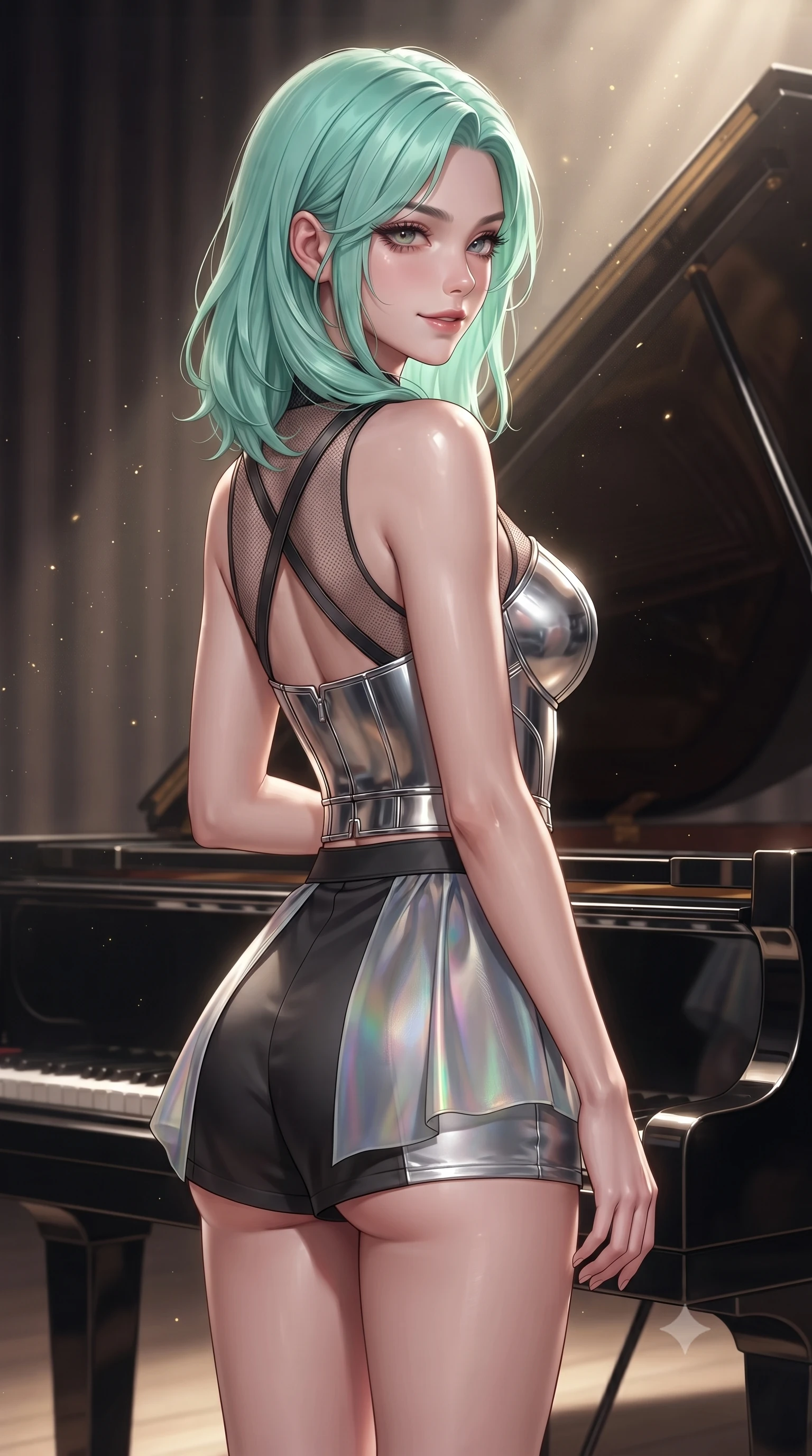 score_9, masterpiece, best quality, ultra-detailed, high-budget anime keyframe, editorial fashion photography, tasteful artistic composition, Japanese woman. close-up cowboy shot from the waist and thighs up, the character dominates the composition, filling the frame with her large presence, background elements kept in soft focus. Glancing sidelong over her shoulder with a smoldering half-smile and heavy lashes standing beside a polished ebony grand piano on a solitary concert stage, golden dust particles dancing gracefully in the beam of key light. She has an exceptionally elegant, slender, and willowy female figure with an ultra-slim waist, a gracefully sculpted slender torso, and a refined silhouette. sharp v-shaped jawline, high-bridge nose, intricate jewel-like eyes with depth, thick eyelashes, glossy lips with a natural sheen. wearing a chrome-plated structured bodice worn over a sheer mesh top and micro-shorts in matte black and polished silver, crafted from iridescent chiffon that shifts colors in the light, complemented by criss-cross back straps highlighting her bare shoulders, the sleek second-skin texture accentuating her magnetic presence. surrounded by an elegant, high-contrast performance atmosphere. ultra-reflective glossy finish, specular highlights, metallic sheen, high-contrast stereoscopic depth, volumetric dynamic lighting, 2k, ultra detail, master piece, 9:16 ratio