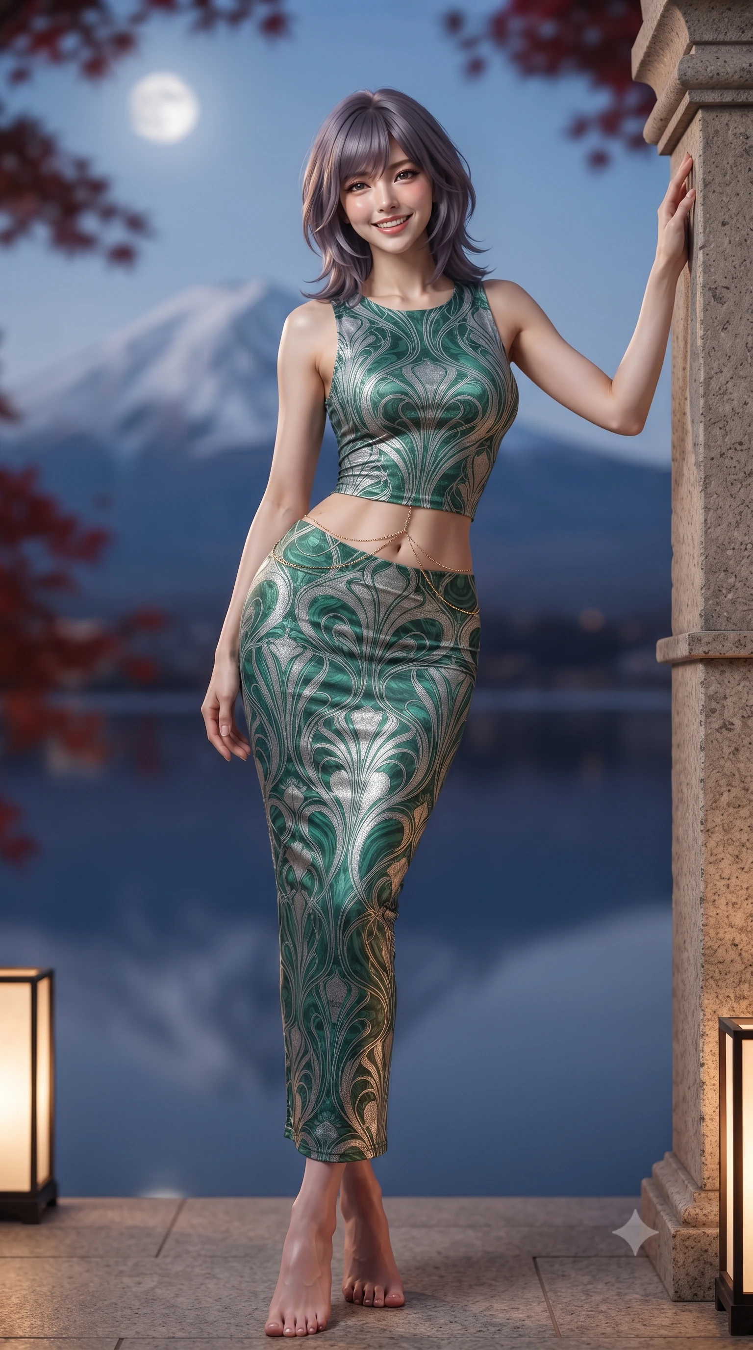 score_9, masterpiece, best quality, ultra-detailed, high-budget anime keyframe, editorial fashion photography, tasteful artistic composition, Japanese woman. low angle full-body shot from head to toe showing her feet, filling the entire 9:16 vertical frame with her statuesque presence, stretching her vertical silhouette. standing tall beside the architectural column, one hand resting high while arching her lower back to emphasize her sculpted feminine hips and slender waist while twisting her slender torso in an alluring contrapposto stance beside floating Japanese maple leaves, mineral spring caustics tracing her flat midriff and curvy hips. The background shows a soft-focus majestic symmetrical silhouette of snow-capped Mount Fuji illuminated under the twilight moon, mirror lake reflections, and red autumn maples blurred into indigo, snow-white, and crimson bokeh. She has an exceptionally tall and slender model-like 8.5-heads proportion, an ultra-slim waist, a flat toned midriff, narrow delicate ribcage, and beautifully sculpted feminine hips creating a graceful, slim hourglass silhouette without any bulky heaviness, with impossibly long slender legs. sharp v-shaped jawline, high-bridge nose, intricate jewel-like sparkling eyes with depth, thick eyelashes, glossy parted lips with a natural peach sheen, bright cheerful beaming smile with an enchanting and coquettish sensual glint, exuding both youthful cute charm and seductive allure, flawlessly proportioned anatomical accuracy, strict slender model proportions, natural body alignment, perfectly sculpted long slender limbs, ultra-slim waistline, clean dynamic posture without body distortion. wearing a glove-like stretch modal tank dress adhering tightly to her flat midriff and feminine hips in Art Nouveau malachite green and antique starlight silver, woven from buttery-soft stretch lambskin leather adhering to her body like a second skin, accented with a dainty gold belly chain resting across her flat midriff and curving hips, the impeccably tailored cut draping gracefully along her slender figure with aristocratic poise. bathed in the warm 2500K glow of Japanese washi paper floor lanterns mixed with crisp silver moonlight on Mount Fuji's snows. ultra-reflective glossy finish, specular highlights, rich textural contrasts, high-contrast stereoscopic depth, volumetric dynamic lighting, 2k, ultra detail, master piece, 9:16 ratio