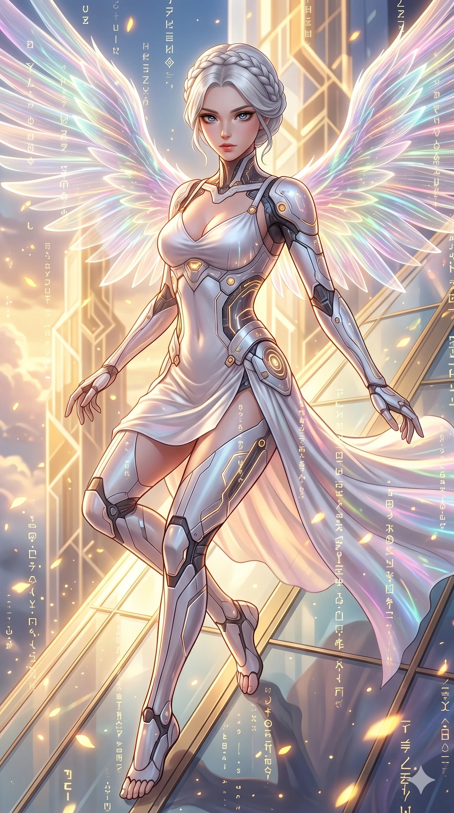 score_9, masterpiece, best quality, ultra-detailed, Set A: High-budget Anime Keyframe, Japanese woman. Upper body close-up from the thighs up, character filling the screen for maximum presence. Theme: Ethereal Dream. sliding down a glass skyscraper in a temple made of solid light, as a digital rain of 197 symbols washes over her. The atmosphere is filled with golden hour with floating embers. She has an absolutely perfect 8-heads proportion, an exceptionally tall and slender female figure with impossibly long slender legs and an ultra-slim waist. Sharp v-shaped jawline, high-bridge nose, intricate jewel-like eyes with depth, glossy lips. Wearing Cybernetic angel suit with massive glowing fiber-optic wings and a white silk slip. Cinematic lighting, vivid colors, dramatic shadows, 2k, ultra detail, master piece, 9:16 ratio