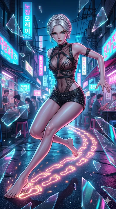 score_9, masterpiece, best quality, ultra-detailed, Set A: High-budget Anime Keyframe, Korean woman. Upper body close-up from the thighs up, character filling the screen for maximum presence. Sliding through a neon-lit Neo-Seoul market, as she leaves