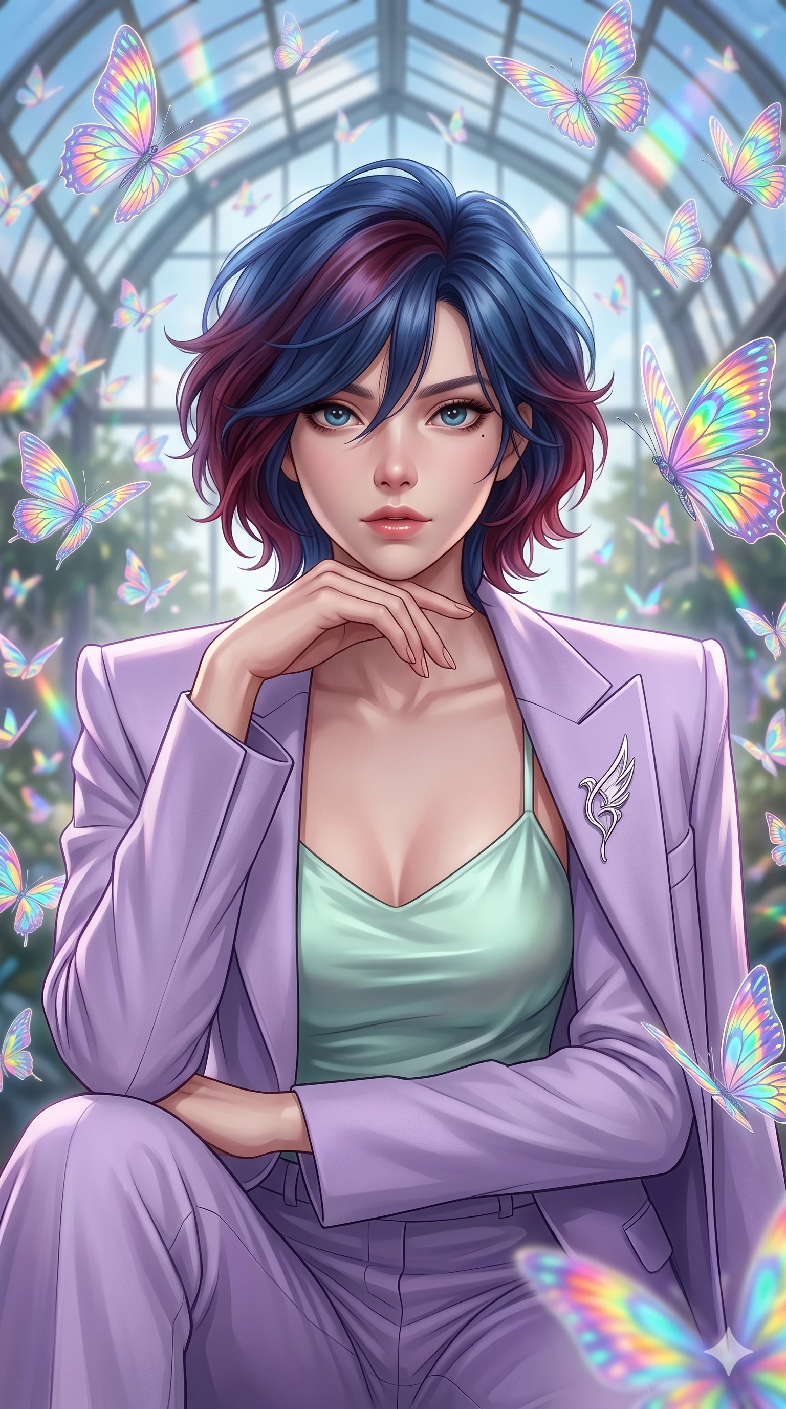 score_9, masterpiece, best quality, ultra-detailed, high-budget anime keyframe, editorial fashion photography, tasteful artistic composition, Korean woman. close-up cowboy shot from the waist and thighs up, the character dominates the composition, filling the frame with her large presence, background elements kept in soft focus. Resting her chin on the backs of her fingers in a confident pose. set against a soft-focus background of a soaring glass conservatory filled with thousands of holographic butterflies made of pure structured light their wings projecting miniature rainbow patterns as they flutter in organized swarms. She has an exceptionally elegant and slender, willowy female figure with an ultra-slim waist, a gracefully sculpted slender torso, and a refined slim physique. sharp v-shaped jawline, high-bridge nose, intricate jewel-like eyes with depth, thick eyelashes, glossy lips with a natural sheen. wearing a tailored pastel lavender pantsuit with sharp shoulders, worn over a soft mint satin camisole and accented with a silver brooch. natural daylight flooding through the glass roof amplified by the holographic butterflies into cascading miniature rainbows that paint everything in shifting spectral color. 2k, ultra detail, master piece, 9:16 ratio