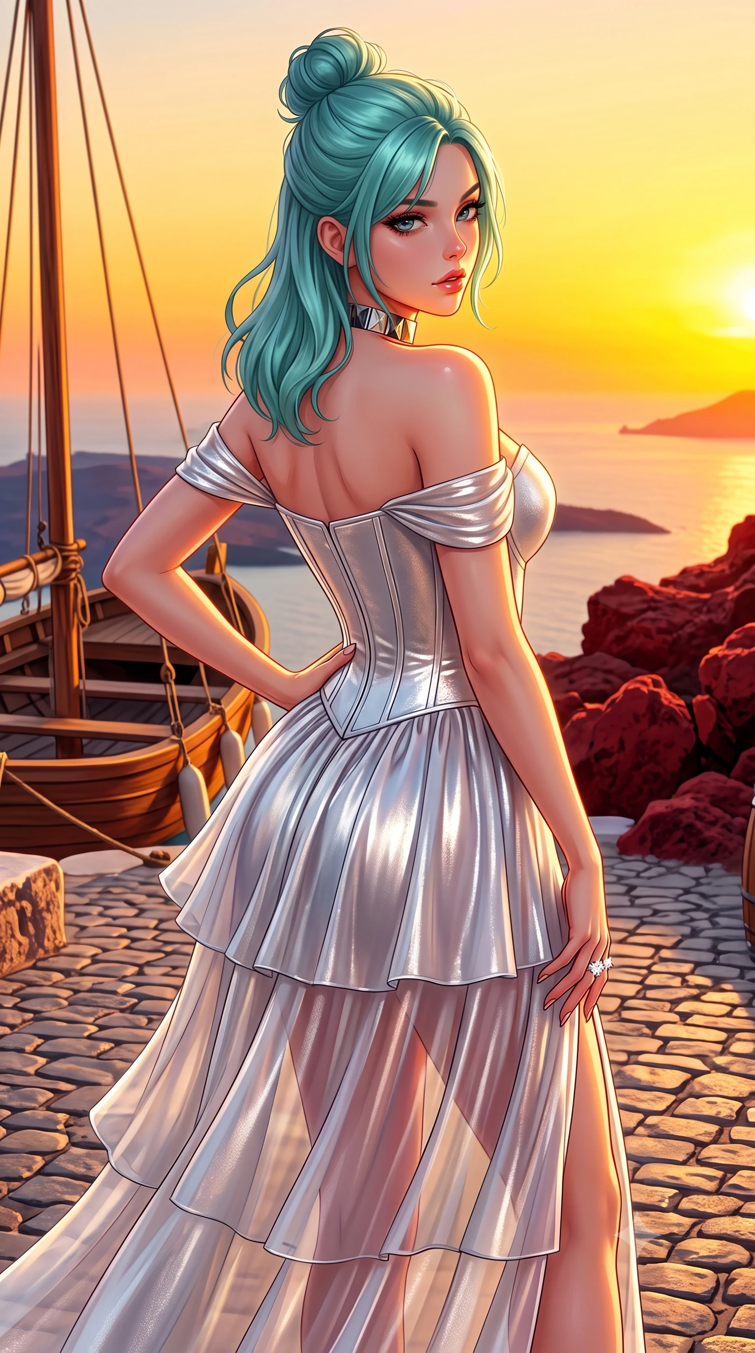 score_9, masterpiece, best quality, ultra-detailed, high-budget anime keyframe, semi-realistic 3D game render, editorial fashion photography, tasteful artistic composition, Japanese woman. close-up cowboy shot from the waist and thighs up, the character dominates the composition, filling the frame with her large presence. posing in an alluring rear three-quarter angle, arching her lower back in a pronounced S-curve with one hand on her hip, glancing seductively over her bare shoulder with parted glossy lips while standing poised on the cobblestone taverna terrace, twisting her slender torso in an alluring contrapposto stance as the evening Aegean breeze flutters her dress. The surrounding environment is rendered in vivid detail and crisp panoramic clarity. detailed linen sundress weave, sun-dappled skin highlights, and wooden boat rigging in high resolution. She has an exceptionally elegant, slender, and willowy female figure with an ultra-slim waist, flat toned midriff, narrow ribcage, and sculpted feminine hips creating an alluring, slim hourglass silhouette without bulk. sharp v-shaped jawline, high-bridge nose, intricate jewel-like eyes with depth, thick eyelashes, glossy parted lips with a natural sheen, intensely captivating and seductive bedroom-eyes expression, flawlessly proportioned anatomical accuracy, strict slender model proportions, natural body alignment, perfectly sculpted long slender limbs, ultra-slim waistline, clean dynamic posture without body distortion. wearing an off-shoulder French court corset bodice dress paired with a tiered translucent chiffon slit skirt in shimmering silver mercury and pearl white, crafted from luxurious metallic lamé that shifts radiance with every step, complemented by a bold geometric choker and sparkling cocktail ring, the liquid-tight tailored fabric clinging flawlessly to her narrow waist and rounded feminine hips, emphasizing every millimeter of her sculpted slim hourglass curves without any bulky heaviness. bathed in intense golden hour Aegean sunset glow reflecting off deep red volcanic rocks. highly saturated vibrant anime colors, detailed shading with soft gradients, rich glossy textures, high-contrast stereoscopic depth, volumetric dynamic lighting, master piece, 9:16 ratio