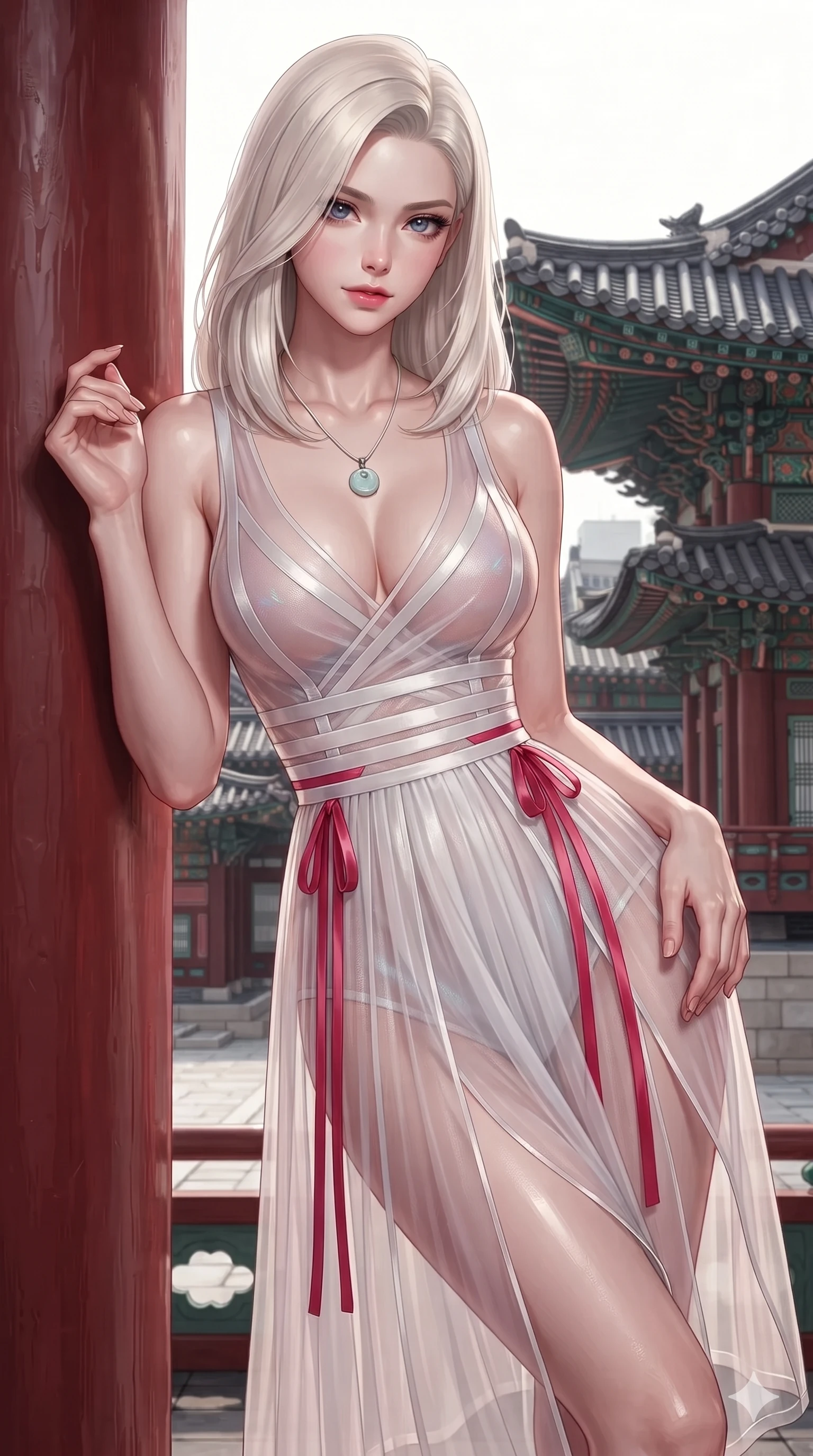 score_9, masterpiece, best quality, ultra-detailed, high-budget anime keyframe, editorial fashion photography, tasteful artistic composition, Caucasian woman. close-up cowboy shot from the waist and thighs up, the character dominates the composition, filling the frame with her large presence. leaning forward while arching her lower back to accentuate her curvy hips, looking into the camera with an intoxicating smoldering gaze and bedroom-eyes while leaning back against the red lacquer pillar with hips cocked back, looking through dark curled eyelashes with an enchanting, coquettish smile. The surrounding environment is rendered in vivid detail and crisp panoramic clarity: detailed fusion hanbok bustier tailoring, micro-pleated skirt drape, and palace architecture in razor-sharp clarity. She has an exceptionally elegant, slender, and willowy female figure with an ultra-slim waist, flat toned midriff, narrow ribcage, and sculpted feminine hips creating an alluring, slim hourglass silhouette without bulk. sharp v-shaped jawline, high-bridge nose, sparkling eyes with hypnotic seductive depth, thick curled eyelashes, glossy parted lips with a natural dewy peach sheen, alluring bedroom-eyes with an enchanting coquettish smile, exuding magnetic siren charisma and sophisticated glamour, flawlessly proportioned anatomical accuracy, strict slender model proportions, natural body alignment, perfectly sculpted long slender limbs, ultra-slim waistline, clean dynamic posture without body distortion. wearing a plunge-front sheer illusion tulle slip dress with liquid platinum ribbon stripes and silk otgoreum ties hugging her curves in pure snow white and vivid cherry blossom crimson, crafted from translucent iridescent mesh with a wet-look second-skin cling, finished with a minimalist celadon porcelain pendant on a fine silk cord, the form-fitting cut adhering flawlessly to her sculpted flat midriff and slender torso, emphasizing her long leg lines and perfectly proportioned willowy build. illuminated by dark water reflection bounce and sharp silver-rose rim lights defining her razor-sharp jawline, narrow waist, and curvy hips. ultra-reflective glossy finish, specular highlights, rich textural contrasts, high-contrast stereoscopic depth, volumetric dynamic lighting, 2k, ultra detail, master piece, 9:16 ratio
