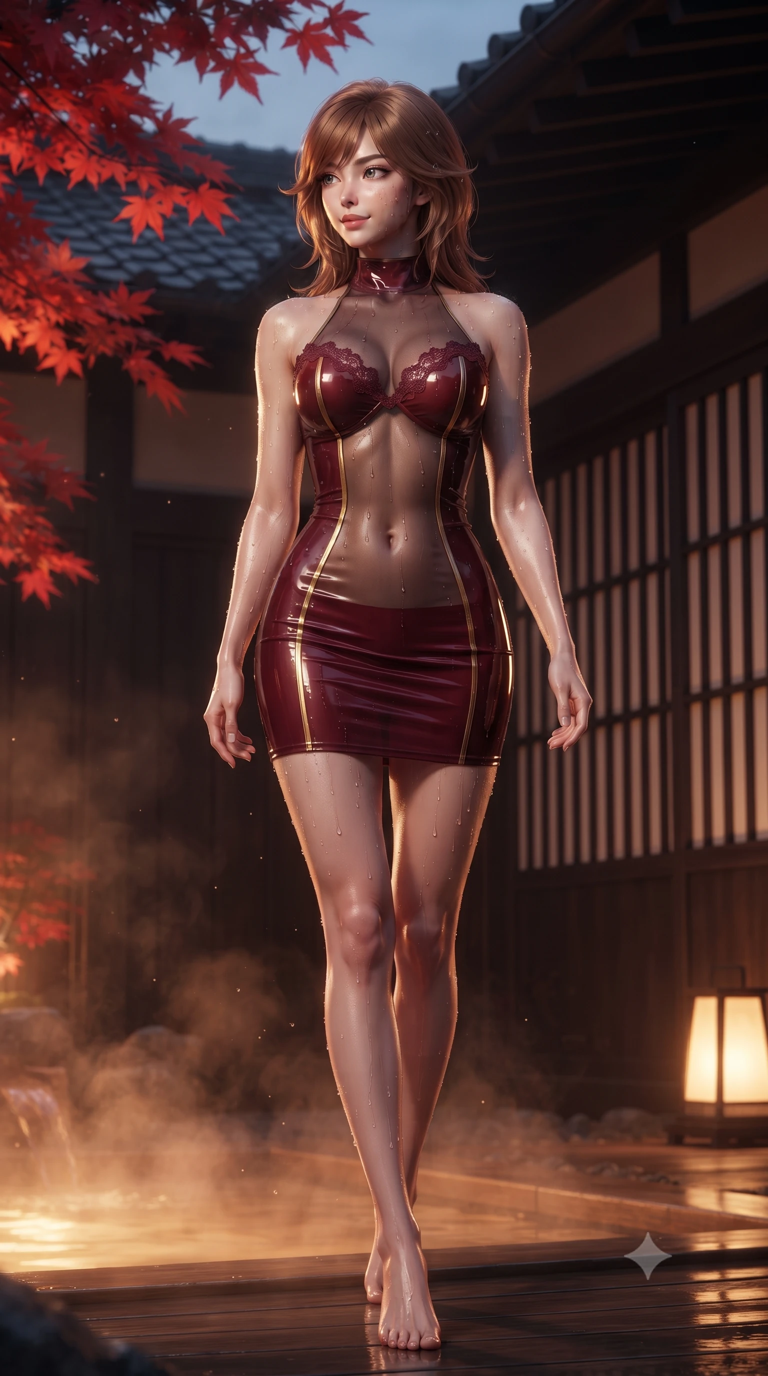 score_9, masterpiece, best quality, ultra-detailed, high-budget anime keyframe, editorial fashion photography, tasteful artistic composition, Korean woman. low angle full-body shot from head to toe showing her feet, filling the entire 9:16 vertical frame with her statuesque presence, stretching her vertical silhouette. walking along the terrace with poise, looking back over her bare shoulder with an irresistible smoldering bedroom-gaze while twisting her slender torso in an alluring contrapposto stance, warm mineral water droplets and glowing paper lanterns tracing her curves. The background shows a soft-focus vibrant scarlet Japanese maple leaves overhanging the bath, dark timber machiya lattice walls, and rising mineral steam blurred into crimson, amber, and charcoal bokeh. She has an absolutely perfect, statuesque 8.5-heads proportion, an exceptionally tall and slender model-like female figure with impossibly long slender legs, an ultra-slim waist, a flat toned midriff, narrow delicate ribcage, and beautifully sculpted feminine hips creating a graceful, slim hourglass silhouette without any bulky heaviness. sharp v-shaped jawline, high-bridge nose, sparkling eyes with hypnotic seductive depth, thick curled eyelashes, glossy parted lips with a natural dewy peach sheen, alluring bedroom-eyes with an enchanting coquettish smile, exuding magnetic siren charisma and sophisticated glamour, flawlessly proportioned anatomical accuracy, strict slender model proportions, natural body alignment, perfectly sculpted long slender limbs, ultra-slim waistline, clean dynamic posture without body distortion. wearing a provocative high-neck sheer illusion cocktail dress with liquid satin ribbons contouring her curves in Belle Époque bordeaux and gilded 24k gold, crafted from wet-look high-gloss vinyl fabric with dazzling specular surface reflections, finished with scalloped eyelash lace trim framing her sweetheart neckline with intimate elegance, the second-skin tailored fabric adhering flawlessly to her sculpted flat midriff and slender torso, emphasizing her long leg lines and perfectly proportioned willowy build. bathed in warm underwater thermal tub illumination paired with amber courtyard lantern glow. ultra-reflective glossy finish, specular highlights, rich textural contrasts, high-contrast stereoscopic depth, volumetric dynamic lighting, 2k, ultra detail, master piece, 9:16 ratio