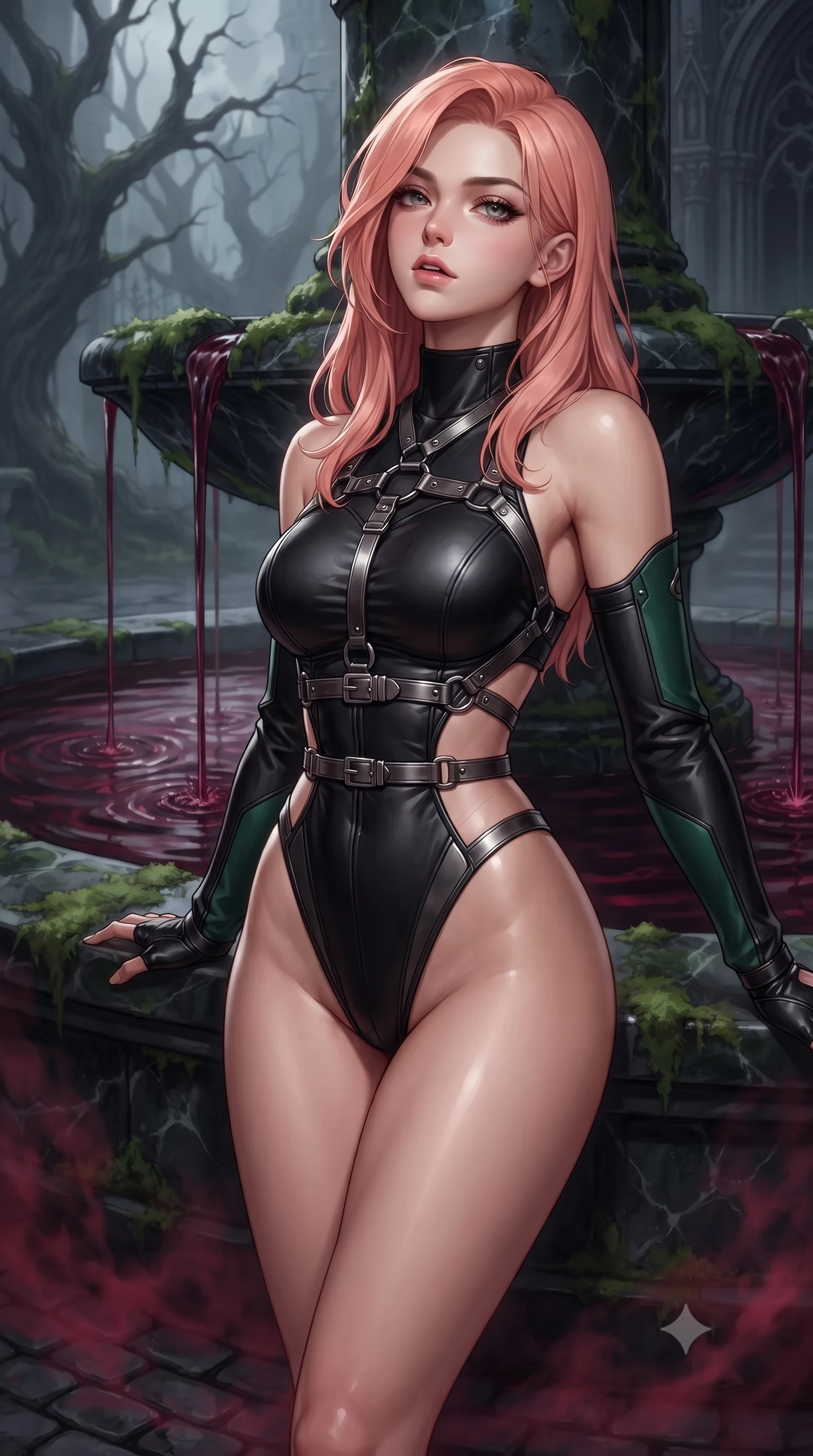 score_9, masterpiece, best quality, ultra-detailed, high-budget anime keyframe, editorial fashion photography, tasteful artistic composition, Japanese woman. close-up cowboy shot from the waist and thighs up, the character dominates the composition, filling the frame with her large presence, background elements kept in soft focus. Tilting her chin up slightly with lips parted in a composed, mysterious expression, resting against a moss-covered dark marble fountain flowing with dark ruby water, eerie dark crimson mist drifting across the dark cobblestones. She has an exceptionally elegant, slender, and willowy female figure with an ultra-slim waist, a gracefully sculpted slender torso, and a refined silhouette. sharp v-shaped jawline, high-bridge nose, intricate jewel-like eyes with depth, thick eyelashes, glossy lips with a natural sheen. wearing asymmetric high-cut cyber-bodysuit with detached sleeves in onyx black in deep emerald green, made of polished black leather, highlighted by a gunmetal metallic harness structure, highlighting her statuesque proportions and ultra-slim waistline. surrounded by dramatic gothic chiaroscuro with sharp edge highlights. highly saturated vibrant anime colors, detailed shading with soft gradients, rich glossy textures, high-contrast stereoscopic depth, volumetric dynamic lighting, master piece, 9:16 ratio