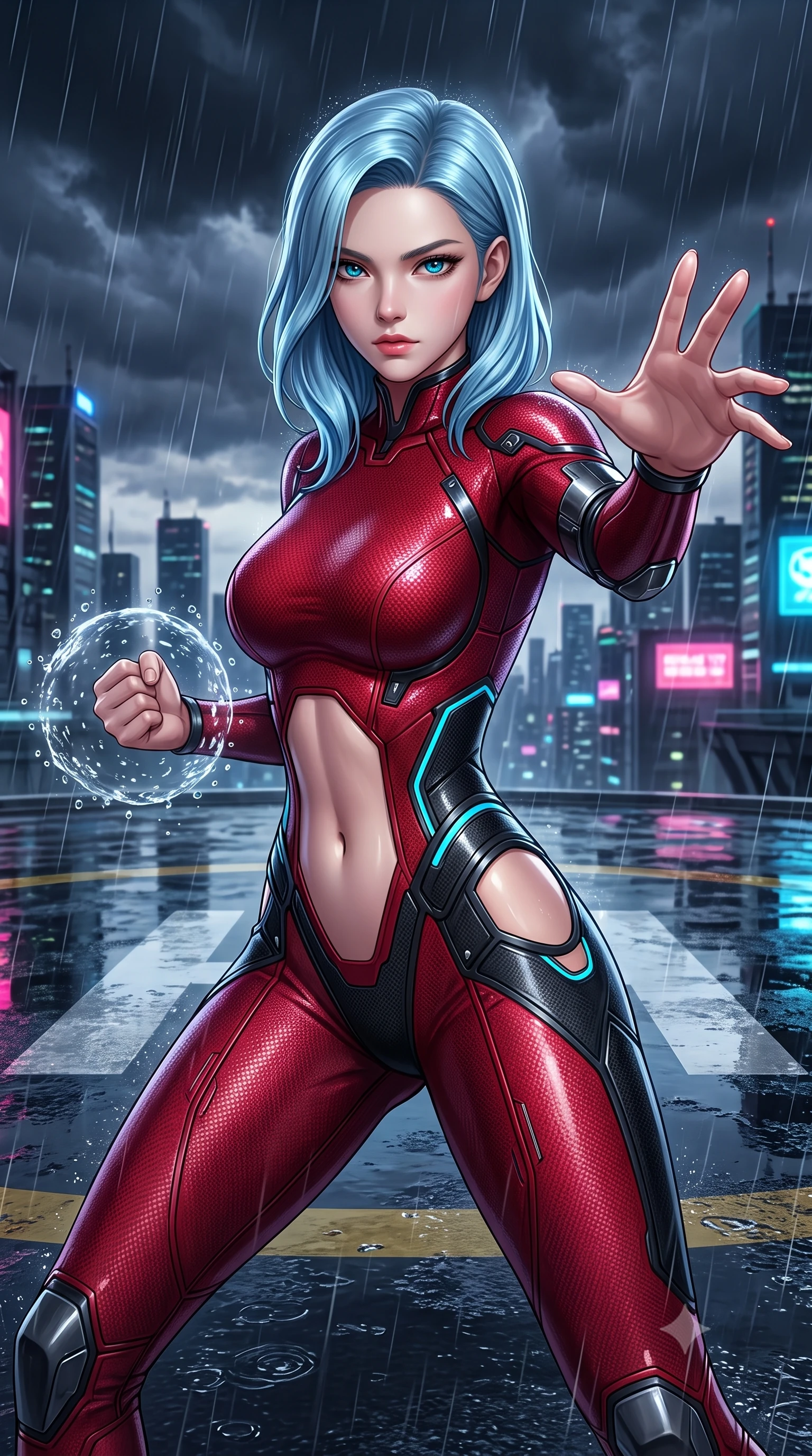score_9, masterpiece, best quality, ultra-detailed, high-budget anime keyframe, semi-realistic 3D game render, editorial fashion photography, tasteful artistic composition, Korean woman. close-up cowboy shot from the waist and thighs up, the character dominates the composition, filling the frame with her large presence. in a razor-sharp Panzer Kunst fighting guard, one hand extended with palm open in fluid kinetic tension, captivating jewel-like eyes locked onto the viewer with dangerous focus while pivoting dynamically in mid-motion on the wet helipad as displaced rain droplets form a frozen sphere around her fist. The surrounding environment is rendered in vivid detail and crisp panoramic clarity. high-contrast storm chiaroscuro and atmospheric cyberpunk urban textures captured with precision. She has an exceptionally elegant, slender, and willowy female figure with an ultra-slim waist, a gracefully sculpted slender torso, toned flat midriff, and a refined slim silhouette. sharp v-shaped jawline, high-bridge nose, intricate jewel-like eyes with depth, thick eyelashes, glossy lips with a natural sheen, flawlessly proportioned anatomical accuracy, strict slender model proportions, natural body alignment, perfectly sculpted long slender limbs, ultra-slim waistline, clean dynamic posture without body distortion. wearing a skin-tight crimson carbon-weave battle-suit with metallic dark chrome elbow dampers and hip-accentuating cutouts in matte obsidian carbon black with electric cyan conduits, made of liquid carbon-jersey fabric adhering flawlessly to her sculpted silhouette, finished with high-mobility flexible limb seams and miniature magnetic armor locks, the form-contouring material adhering flawlessly to her sculpted flat midriff and slender torso, emphasizing her long leg lines and perfectly proportioned willowy build. illuminated by crisp white key lighting with sharp specular highlights tracing her sculpted flat midriff and waist. rich saturated anime colors with glowing neon highlights, detailed shading with soft gradients, rich glossy textures, high-contrast stereoscopic depth, volumetric dynamic lighting, master piece, 9:16 ratio