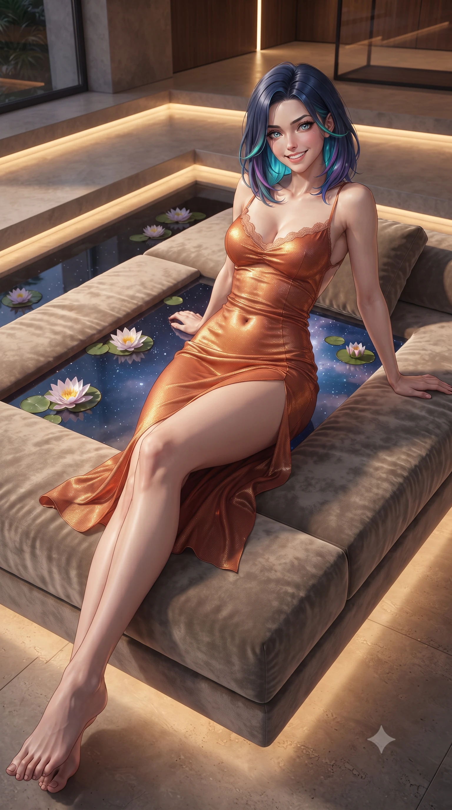 score_9, masterpiece, best quality, ultra-detailed, high-budget anime keyframe, editorial fashion photography, tasteful artistic composition, Caucasian woman. low angle full-body shot from head to toe showing her feet, filling the entire 9:16 vertical frame with her statuesque presence, stretching her vertical silhouette. lounging on the lavish daybed with legs crossed and hips angled toward the camera, displaying her toned midriff and long slender limbs with effortless siren poise while twisting her slender torso in an alluring S-curve, floating water lilies and reflected starry skies framing her flat midriff and hips. The surrounding environment is rendered in vivid detail and crisp panoramic clarity: detailed garment cut, bodycon tailoring, and award-winning contemporary architecture in high resolution. She has an exceptionally tall and slender model-like 8.5-heads proportion, an ultra-slim waist, a flat toned midriff, narrow delicate ribcage, and beautifully sculpted feminine hips creating a graceful, slim hourglass silhouette without any bulky heaviness, with impossibly long slender legs. sharp v-shaped jawline, high-bridge nose, intricate jewel-like sparkling eyes with depth, thick eyelashes, glossy parted lips with a natural peach sheen, bright cheerful beaming smile with an enchanting and coquettish sensual glint, exuding both youthful cute charm and seductive allure, flawlessly proportioned anatomical accuracy, strict slender model proportions, natural body alignment, perfectly sculpted long slender limbs, ultra-slim waistline, clean dynamic posture without body distortion. wearing a form-contouring gossamer silk chiffon slip dress with a hip-high slit and open cowl back clinging with dewy moisture in Florentine Renaissance Medici terracotta and warm gilded ochre, crafted from stretch micro-mesh with liquid foil coating that shimmers with every movement, finished with scalloped eyelash lace trim framing her sweetheart neckline with intimate elegance, the form-contouring silhouette accentuating her sculpted flat midriff, narrow delicate ribcage, and gracefully curvy hips with intoxicating allure. bathed in the warm 2700K linear architectural cove lights concealed beneath floating pathways. ultra-reflective glossy finish, specular highlights, rich textural contrasts, high-contrast stereoscopic depth, volumetric dynamic lighting, 2k, ultra detail, master piece, 9:16 ratio