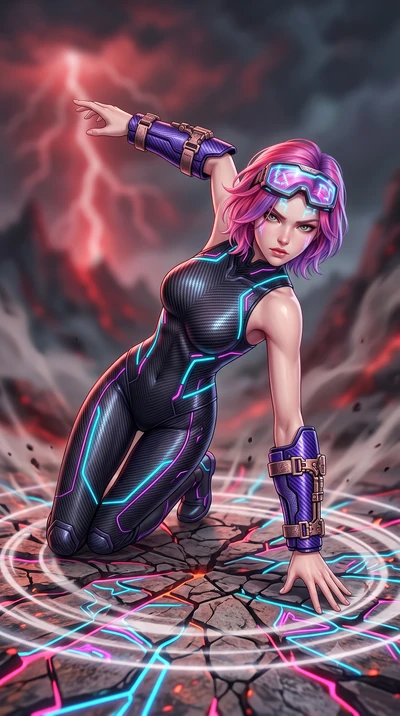 score_9, masterpiece, best quality, ultra-detailed, high-budget anime keyframe, semi-realistic 3D game render, editorial fashion photography, tasteful artistic composition, Caucasian woman. low angle full-body shot from head to toe showing her feet, 