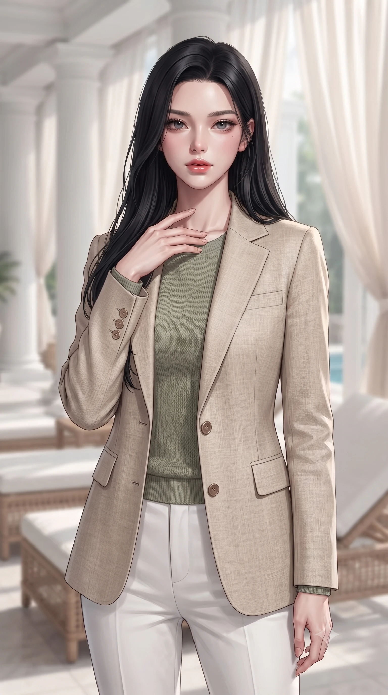 score_9, masterpiece, best quality, ultra-detailed, high-budget anime keyframe, editorial fashion photography, tasteful artistic composition, Korean woman woman. close-up cowboy shot from the waist and thighs up, the character dominates the composition, filling the frame with her large presence, background elements kept in soft focus. standing with one hand resting on her collarbone, looking at the viewer with bedroom-eyes the background shows a soft-focus an indoor pool house with white columns, rattan lounge chairs, and sheer silk drapes. She has an exceptionally elegant, slender, and willowy female figure with an ultra-slim waist, a gracefully sculpted slender torso, and a refined silhouette. sharp v-shaped jawline, high-bridge nose, intricate jewel-like eyes with depth, thick eyelashes, glossy lips with a natural sheen. wearing a slim-fit tailored beige linen blazer over a sage green knit top and white trousers. soft afternoon daylight filtered through drapes, creating a serene, dreamy mood. ultra-reflective glossy finish, specular highlights, metallic sheen, high-contrast stereoscopic depth, volumetric dynamic lighting, 2k, ultra detail, master piece, 9:16 ratio