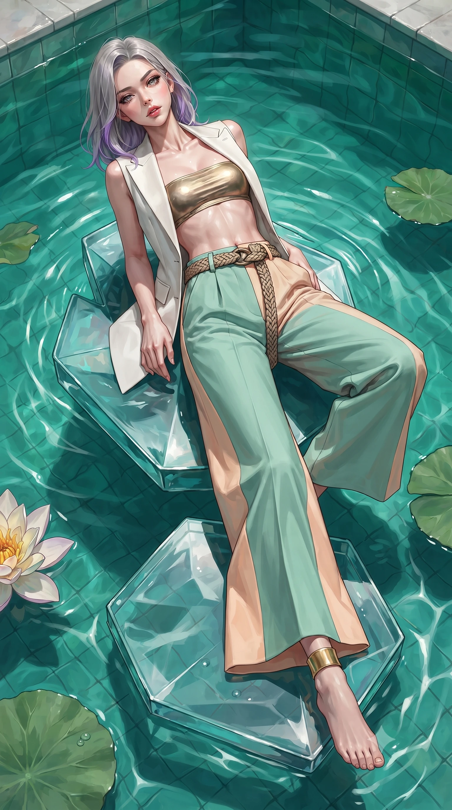 score_9, masterpiece, best quality, ultra-detailed, high-budget anime keyframe, editorial fashion photography, tasteful artistic composition, Caucasian woman. low angle full-body shot from head to toe showing her feet, filling the entire 9:16 vertical frame with her statuesque presence, stretching her vertical silhouette. reclining back languidly with one knee bent and spine arched in a breathtaking dancer line, commanding the entire 9:16 vertical frame while standing poised on a floating glass stepping stone above the emerald biosphere, displaying her flawless slender proportions. The surrounding environment is rendered in vivid detail and crisp panoramic clarity. sharp water surface tension ripples, carved jade pool tiling, and floating lotus petal veins in deep focus. She has an absolutely perfect, statuesque 8.5-heads proportion, an exceptionally tall and slender model-like female figure with impossibly long slender legs, a toned flat midriff, and an ultra-slim waist. sharp v-shaped jawline, high-bridge nose, intricate jewel-like eyes with depth, thick eyelashes, glossy parted lips with a natural sheen, intensely captivating and seductive expression, flawlessly proportioned anatomical accuracy, strict slender model proportions, natural body alignment, perfectly sculpted long slender limbs, ultra-slim waistline, clean dynamic posture without body distortion. wearing a tailored white solar-fiber tuxedo vest worn open over a metallic gold bandeau top and wide slacks in eucalyptus mint green and pale peach, tailored from crisp structured cotton poplin with organic dye, accessorized with a woven botanical belt and minimalist gold ankle cuff, the form-contouring material adhering flawlessly to her sculpted flat midriff and slender torso, emphasizing her long leg lines and perfectly proportioned willowy build. illuminated by wet specular highlights accentuating her collarbones, waistline, and slender curves. ultra-reflective glossy finish, specular highlights, rich textural contrasts, high-contrast stereoscopic depth, volumetric dynamic lighting, 2k, ultra detail, master piece, 9:16 ratio