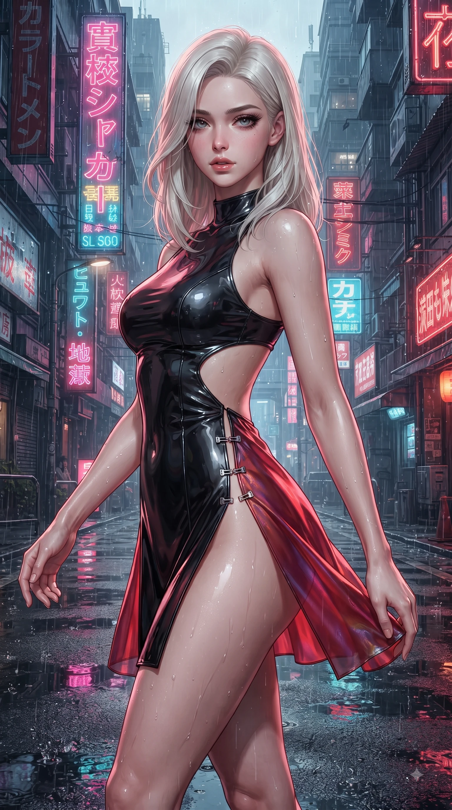score_9, masterpiece, best quality, ultra-detailed, high-budget anime keyframe, editorial fashion photography, tasteful artistic composition, Caucasian woman. close-up cowboy shot from the waist and thighs up, the character dominates the composition, filling the frame with her large presence. casting a slow, smoldering gaze beneath heavy lashes with parted glossy lips, her head slightly tilted in captivating self-assurance while pivoting dynamically on reflective wet asphalt as vibrant neon billboard lights ripple across puddles. The surrounding environment is rendered in vivid detail and crisp panoramic clarity. crisp rain droplet splashes, sharp neon sign typography, and wet reflective glass runway textures in deep focus. She has an exceptionally elegant, slender, and willowy female figure with an ultra-slim waist, a gracefully sculpted slender torso, and a refined silhouette. sharp v-shaped jawline, high-bridge nose, intricate jewel-like eyes with depth, thick eyelashes, glossy lips with a natural sheen, flawlessly proportioned anatomical accuracy, natural body alignment, perfectly sculpted elegant limbs, clean dynamic posture without body distortion. wearing a second-skin fashion-latex mini dress with a clean architectural front, featuring an open-back design that wraps around the sides of her waist, showcasing her slender silhouette in glossy obsidian black and radiant crimson red, made of smooth iridescent silk chiffon that shifts colors with movement, finished with an ultra-high side slit secured by miniature magnetic clasps, the sleek aerodynamic cut emphasizing her magnetic presence and alluring physical grace. surrounded by a gritty, glamorous, and intensely cinematic cyberpunk noir atmosphere. ultra-reflective glossy finish, specular highlights, metallic sheen, high-contrast stereoscopic depth, volumetric dynamic lighting, 2k, ultra detail, master piece, 9:16 ratio