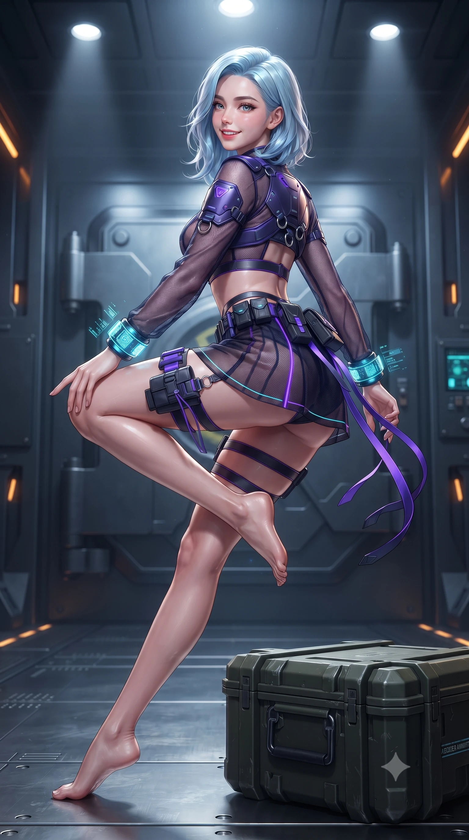 score_9, masterpiece, best quality, ultra-detailed, high-budget anime keyframe, editorial fashion photography, tasteful artistic composition, Korean woman. low angle full-body shot from head to toe showing her feet, filling the entire 9:16 vertical frame with her statuesque presence, stretching her vertical silhouette. executing a cheerful mid-motion pivot turn as her tactical belt and ribbons flutter around her slender legs, glancing over her shoulder with an intoxicating, teasing bedroom-gaze while sitting perched on an armored ammunition crate with one knee drawn up, her sleek tactical combat suit radiating powerful sensual charisma. The surrounding environment is rendered in vivid detail and crisp panoramic clarity: sharp brushed steel gunmetal textures, plasma energy cell glowing vents, and heavy armored vault door bolts in deep focus. She has an absolutely perfect, statuesque 8.5-heads proportion, an exceptionally tall and slender model-like female figure with impossibly long slender legs, an ultra-slim waist, a flat toned midriff, narrow delicate ribcage, and beautifully sculpted feminine hips creating a graceful, slim hourglass silhouette without any bulky heaviness. sharp v-shaped jawline, high-bridge nose, intricate jewel-like sparkling eyes with depth, thick eyelashes, glossy parted lips with a natural sheen, bright confident smile with an enchanting and coquettish sensual glint, exuding both youthful magnetic charm and sovereign high-tech allure, flawlessly proportioned anatomical accuracy, strict slender model proportions, natural body alignment, perfectly sculpted long slender limbs, ultra-slim waistline, clean dynamic posture without body distortion. wearing a modern mecha-suit two-piece set featuring a cropped armored bolero top and micro tactical skirt with chrome rings in neon electric violet and deep space obsidian, crafted from sheer technical cyber-lace reinforced with ultra-thin Kevlar threads, featuring sleek glowing cyan HUD display wrist cuffs with floating data telemetry, the aerodynamic second-skin silhouette tightly following the natural contour of her hips and long slender legs with youthful 8.5-heads elegance. illuminated by focused overhead spotlighting and sharp amber rim lights defining her slim torso, narrow waist, and curvy hips. ultra-reflective glossy finish, specular highlights, rich textural contrasts, high-contrast stereoscopic depth, volumetric dynamic lighting, 2k, ultra detail, master piece, 9:16 ratio