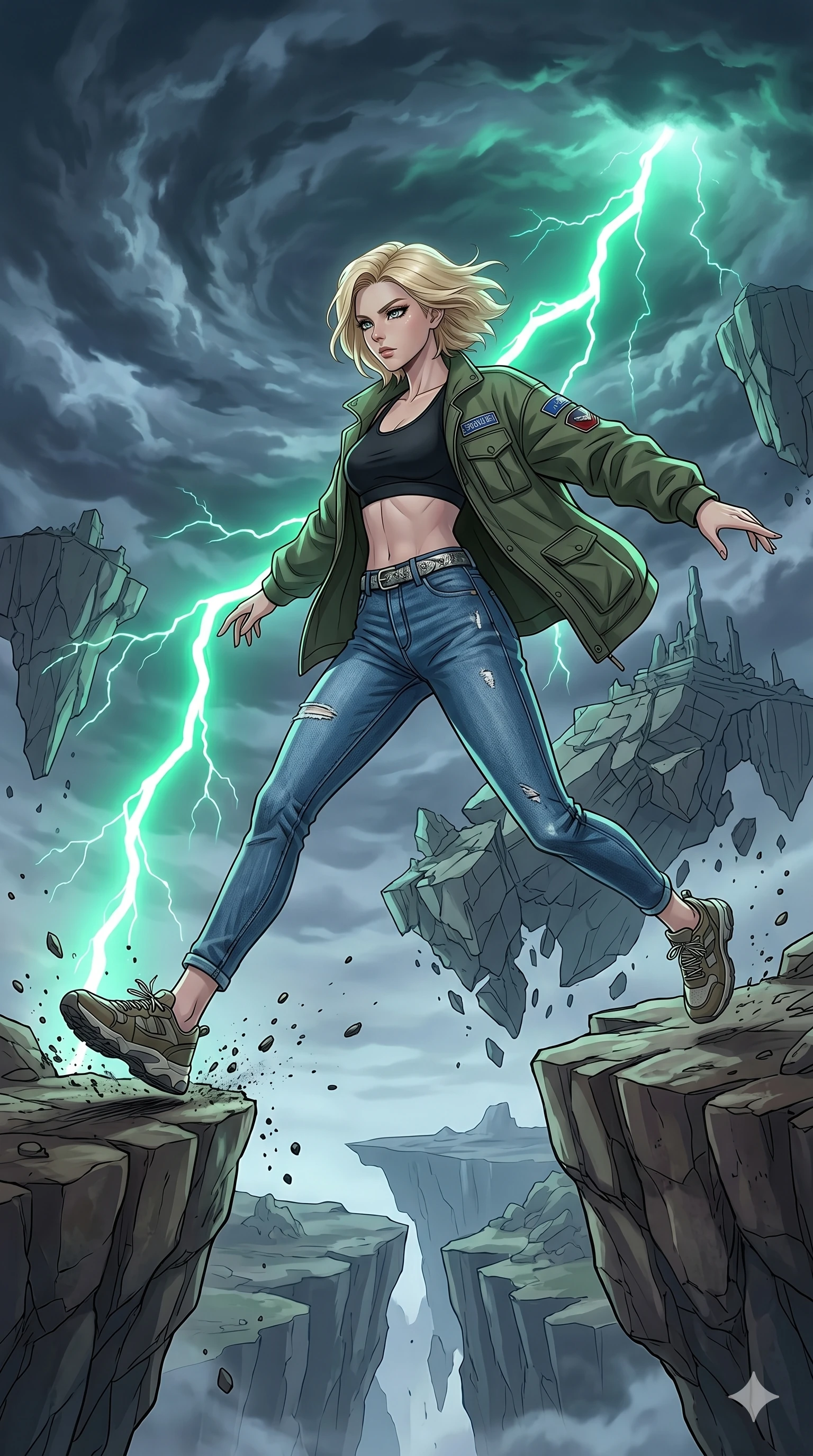 score_9, masterpiece, best quality, ultra-detailed, high-budget anime movie keyframe, cinematic anime lighting, intricate line art, Korean woman. Dynamic full-body shot stretching the vertical silhouette with extreme perspective. leaping between floating islands in a storm of emerald lightning. She has an graceful and slender female figure with elegant proportions. strictly human anatomy, two legs only, no extra limbs, clearly defined legs and arms, well-defined anatomy, perfect hands and fingers. sharp v-shaped jawline, high-bridge nose, intricate jewel-like eyes, thick eyelashes, glossy lips. Wearing Urban Trendsetter: Stylish urban outfit with a fitted top, high-waist denim, and a trendy jacket. The scene is illuminated by dramatic atmospheric lighting and vibrant color palettes. , 2k, ultra detail, master piece, 9:16 ratio