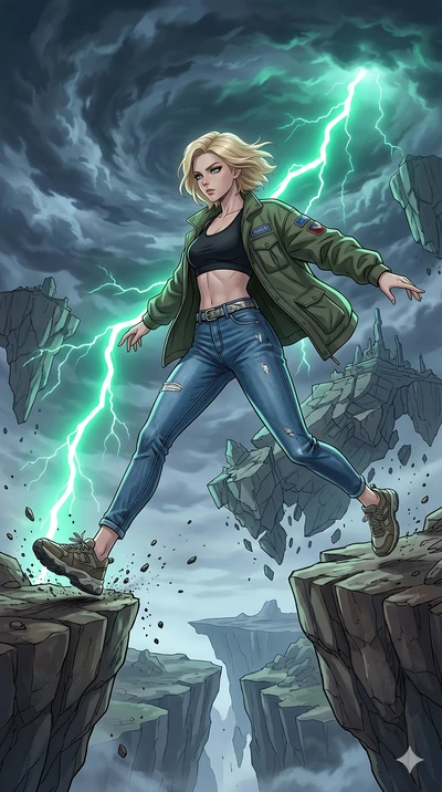 score_9, masterpiece, best quality, ultra-detailed, high-budget anime movie keyframe, cinematic anime lighting, intricate line art, Korean woman. Dynamic full-body shot stretching the vertical silhouette with extreme perspective. leaping between floa