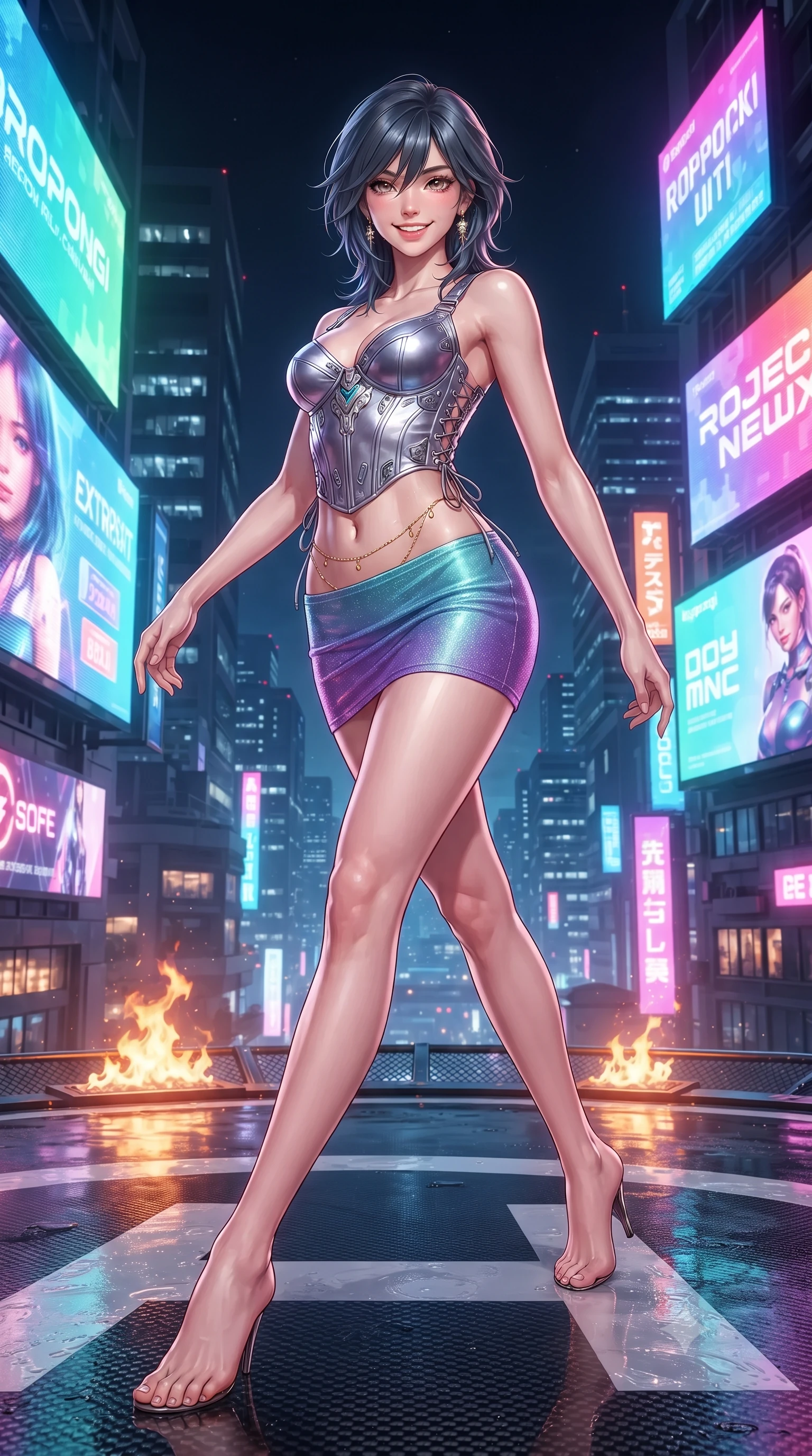 score_9, masterpiece, best quality, ultra-detailed, high-budget anime keyframe, editorial fashion photography, tasteful artistic composition, Caucasian woman. low angle full-body shot from head to toe showing her feet, filling the entire 9:16 vertical frame with her statuesque presence, stretching her vertical silhouette. stepping forward in a confident stride, her long slender legs and curvaceous hips creating a dynamic, sweeping vertical line while standing poised on the wet carbon-fiber helipad high above Roppongi's holographic canyon, arching her back with high-fashion supermodel confidence as warm urban exhaust winds blow. The surrounding environment is rendered in vivid detail and crisp panoramic clarity: detailed garment tailoring, cyber-hardware accents, and cutting-edge aero-architecture in razor-sharp precision. She has an exceptionally tall and slender model-like 8.5-heads proportion, an ultra-slim waist, a flat toned midriff, narrow delicate ribcage, and beautifully sculpted feminine hips creating a graceful, slim hourglass silhouette without any bulky heaviness, with impossibly long slender legs. sharp v-shaped jawline, high-bridge nose, intricate jewel-like sparkling eyes with depth, thick eyelashes, glossy parted lips with a natural peach sheen, bright cheerful beaming smile with an enchanting and coquettish sensual glint, exuding both youthful cute charm and seductive allure, flawlessly proportioned anatomical accuracy, strict slender model proportions, natural body alignment, perfectly sculpted long slender limbs, ultra-slim waistline, clean dynamic posture without body distortion. wearing a sculpted satin cyber-corset with lace-up side ties paired with a low-rise micro skirt in Cheonggyecheon neon aqua and ultraviolet amethyst, woven from stretch metallic lurex jersey casting radiant starlight glints across her curves, accented with a dainty gold belly chain resting across her flat midriff and curving hips, the form-contouring silhouette accentuating her sculpted flat midriff, narrow delicate ribcage, and gracefully curvy hips with intoxicating allure. bathed in the dynamic multi-colored ambient glow of mammoth holographic billboards contrasted with warm fire pit flames. ultra-reflective glossy finish, specular highlights, rich textural contrasts, high-contrast stereoscopic depth, volumetric dynamic lighting, 2k, ultra detail, master piece, 9:16 ratio