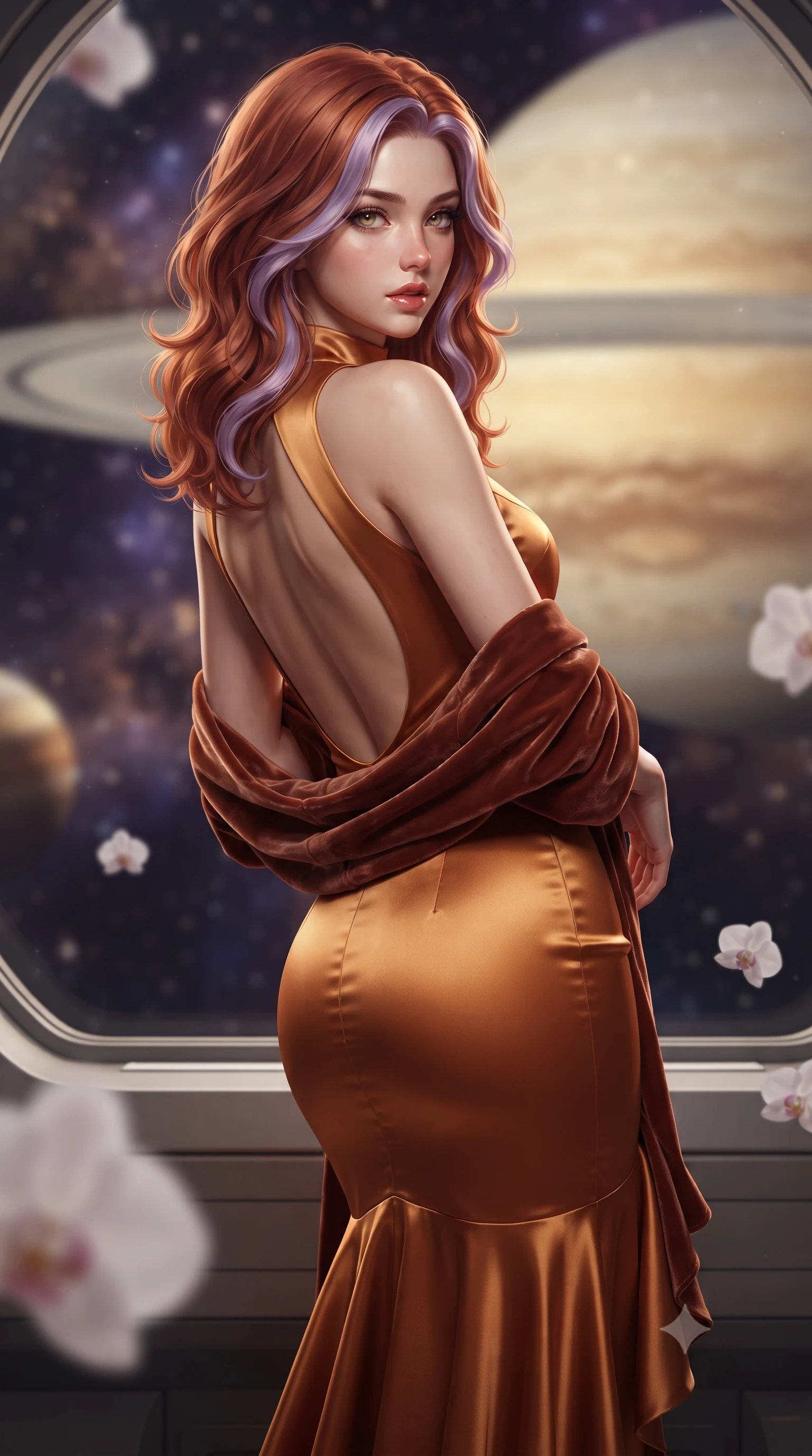 score_9, masterpiece, best quality, ultra-detailed, high-budget anime keyframe, editorial fashion photography, tasteful artistic composition, Caucasian woman. close-up cowboy shot from the waist and thighs up, the character dominates the composition, filling the frame with her large presence. leaning back with relaxed seductive grace, her sculpted collarbones and narrow waist highlighted as she casts smoldering bedroom-eyes directly into the camera while leaning back against the observation dome bulkhead with hips cocked, casting an alluring, sovereign bedroom-gaze past floating zero-G orchid spheres. The composition keeps background elements in soft focus with creamy bokeh. glimmering ice rings of Saturn and swirling amber planetary cloud bands blurred into opalescent gold, pearl-white, and deep cosmic violet bokeh. She has an exceptionally elegant, slender, and willowy female figure with an ultra-slim waist, flat toned midriff, narrow ribcage, and sculpted feminine hips creating an alluring, slim hourglass silhouette without bulk. sharp v-shaped jawline, high-bridge nose, intricate jewel-like eyes with depth, thick eyelashes, glossy parted lips with a natural sheen, intensely captivating and seductive bedroom-eyes expression, flawlessly proportioned anatomical accuracy, strict slender model proportions, natural body alignment, perfectly sculpted long slender limbs, ultra-slim waistline, clean dynamic posture without body distortion. wearing an open-back duchess satin gala gown with a dramatic hip-hugging drape and cascading trailing hem in molten desert gold and burnt terracotta, tailored from water-resistant treated wool gabardine and flexible stretch silk, complemented by a plush velvet shawl draped loosely over her elbows, the dramatically scooped open back descending to the base of her spine, accentuating her razor-sharp statuesque lines and slim hourglass silhouette. illuminated by crisp directional planetary light sharply defining her sculpted collarbones, ultra-slim waist, and curvy hips. ultra-reflective glossy finish, specular highlights, rich textural contrasts, high-contrast stereoscopic depth, volumetric dynamic lighting, 2k, ultra detail, master piece, 9:16 ratio