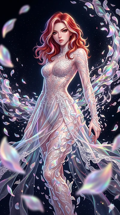 score_9, masterpiece, best quality, ultra-detailed, High-budget Anime Keyframe, East Asian woman. Low angle cowboy shot filling the entire 9:16 frame with her statuesque presence. Scenario 161: Dissolving into a cloud of iridescent silk petals in a v