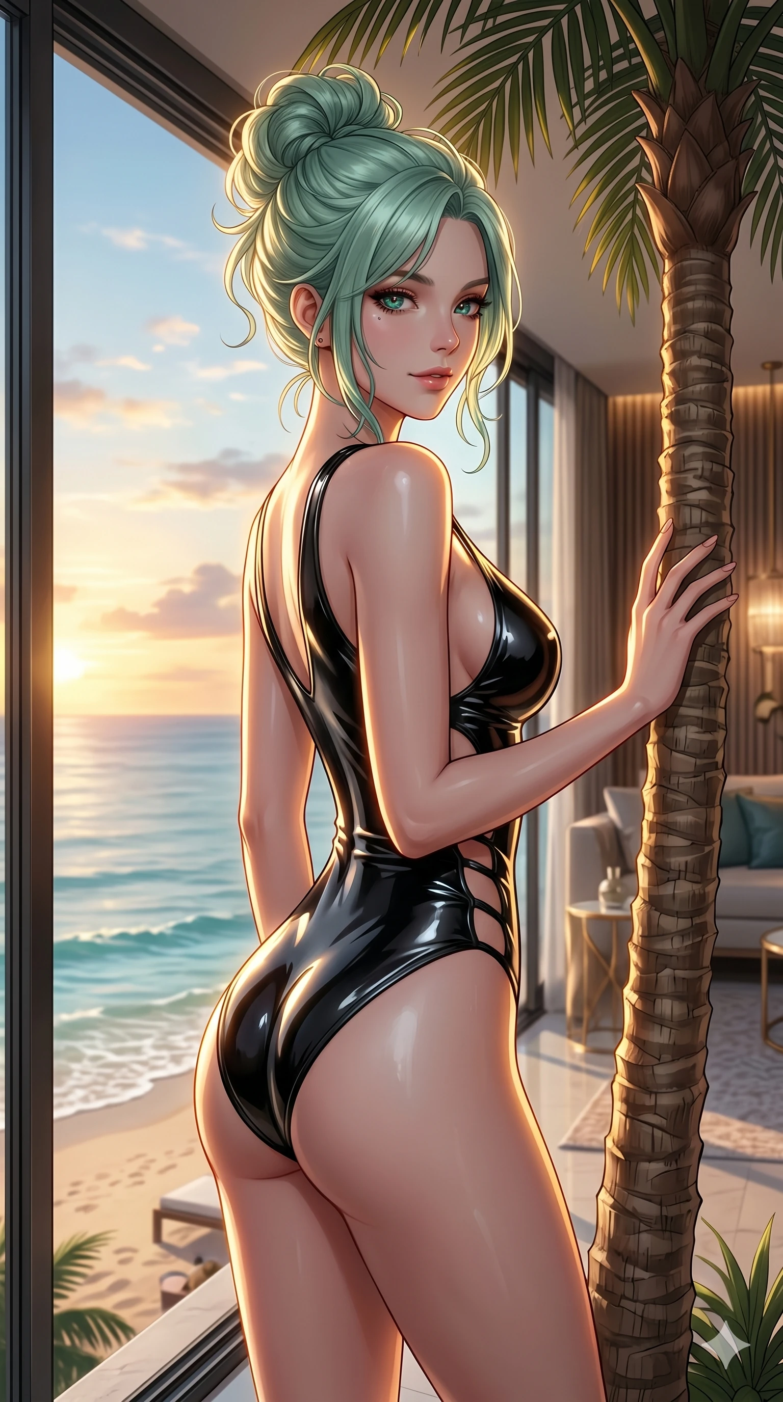 score_9, masterpiece, best quality, ultra-detailed, high-budget anime keyframe, editorial fashion photography, tasteful artistic composition, Japanese woman. cowboy shot from the thighs up, character and outfit filling the frame for maximum editorial presence. resting one hand on a palm tree, looking over her shoulder with a bedroom-eyes smile inside a beachside penthouse suite with large open glass windows (Code-P19-095). She has an absolutely perfect 8-heads proportion, an exceptionally tall and slender female figure with impossibly long slender legs and an ultra-slim waist. V-shaped jawline, high-bridge nose, intricate jewel-like eyes with depth, thick eyelashes, glossy lips with a natural sheen. wearing a sleek latex-feel swimsuit with a plunging neck and side cutouts. bright cinematic volumetric lighting with a warm gold rim light tracing her contours. 2k, ultra detail, master piece, 9:16 ratio
