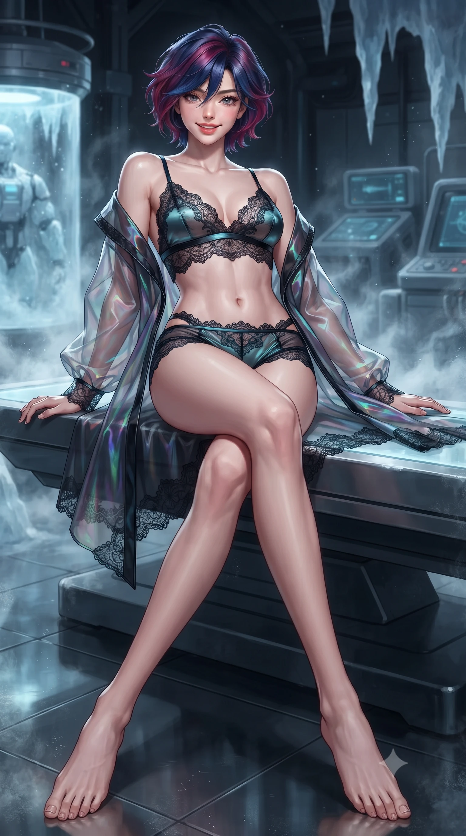 score_9, masterpiece, best quality, ultra-detailed, high-budget anime keyframe, editorial fashion photography, tasteful artistic composition, Korean woman. low angle full-body shot from head to toe showing her feet, filling the entire 9:16 vertical frame with her statuesque presence, stretching her vertical silhouette. lounging on the lavish daybed with legs crossed and hips angled toward the camera, displaying her toned midriff and long slender limbs with effortless siren poise while reclining gracefully on the heated laboratory recovery bench with legs extended, displaying her long slender limbs and statuesque hourglass silhouette against the frozen glacial vault. The background shows a soft-focus dense cryogenic frost mist softened in secret sub-ice laboratory shallow focus. She has an exceptionally tall and slender model-like 8.5-heads proportion, an ultra-slim waist, a flat toned midriff, narrow delicate ribcage, and beautifully sculpted feminine hips creating a graceful, slim hourglass silhouette without any bulky heaviness, with impossibly long slender legs. sharp v-shaped jawline, high-bridge nose, intricate jewel-like sparkling eyes with depth, thick eyelashes, glossy parted lips with a natural peach sheen, bright cheerful beaming smile with an enchanting and coquettish sensual glint, exuding both youthful cute charm and seductive allure, flawlessly proportioned anatomical accuracy, strict slender model proportions, natural body alignment, perfectly sculpted long slender limbs, ultra-slim waistline, clean dynamic posture without body distortion. wearing a translucent iridescent organza tactical robe slipping off bare shoulders over a matching satin micro-bralette and combat shorts in tactical obsidian black and high-voltage cyan, made of delicate semi-sheer French Chantilly lace with intricate eyelash edges, finished with scalloped eyelash lace trim framing her sweetheart neckline with intimate elegance, the precision-cut side openings and low-back scoop framing her graceful spine and the sensual sweep of her slim, toned hips. illuminated by polished floor reflection bounce and sharp frost-cyan rim lights defining her razor-sharp jawline, narrow waist, and curvy hips. ultra-reflective glossy finish, specular highlights, rich textural contrasts, high-contrast stereoscopic depth, volumetric dynamic lighting, 2k, ultra detail, master piece, 9:16 ratio