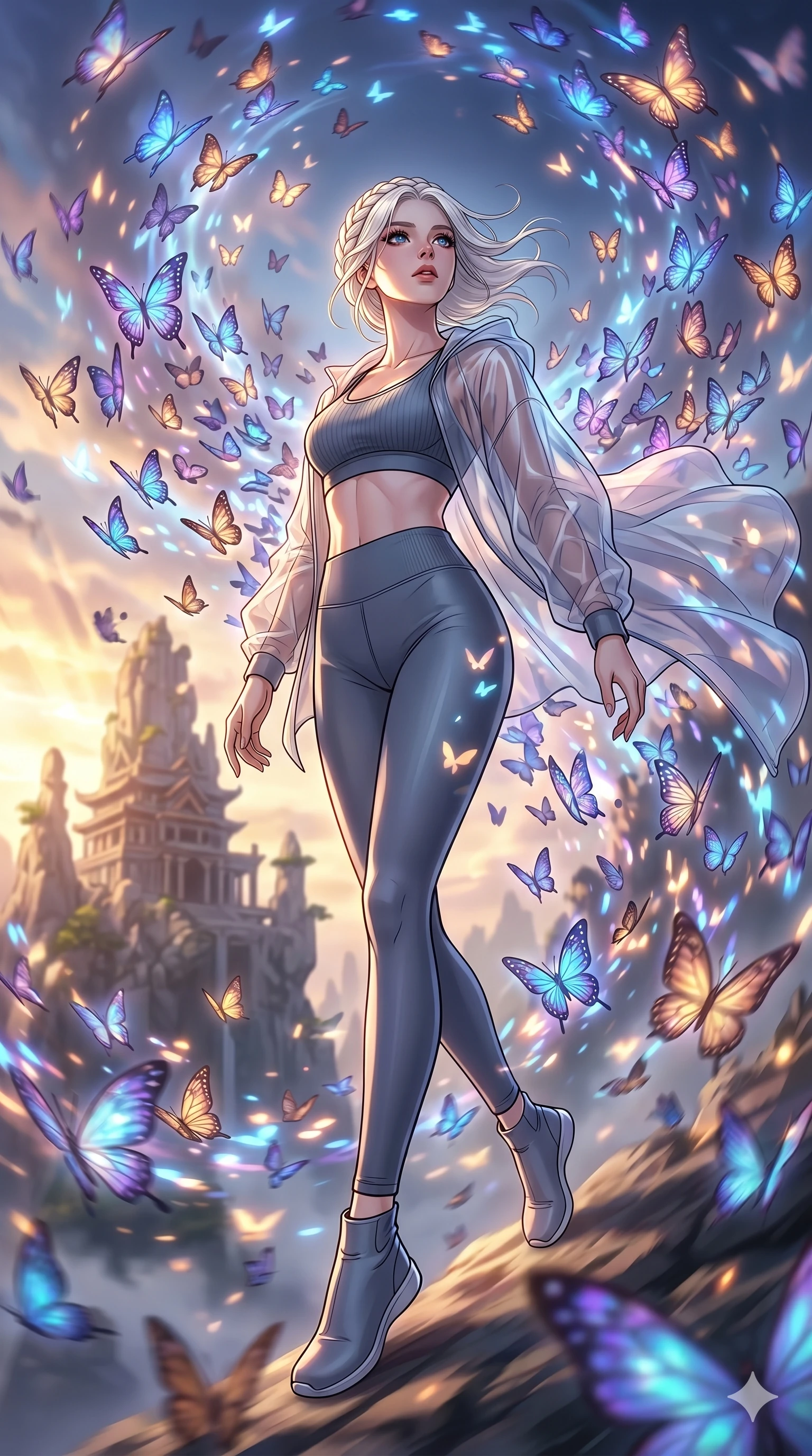 score_9, masterpiece, best quality, ultra-detailed, high-budget anime movie keyframe, cinematic anime lighting, intricate line art, Korean woman. Low angle cowboy shot capturing a powerful motion and statuesque presence. summoning a cloud of glowing butterflies that carry her into the air. She has an absolutely perfect 8-heads proportion, an exceptionally tall and slender female figure with an ultra-slim waist and impossibly long slender legs. strictly human anatomy, two legs only, no extra limbs, clearly defined legs and arms, perfect anatomy, perfect hands and fingers. sharp v-shaped jawline, high-bridge nose, intricate jewel-like eyes, thick eyelashes, glossy lips. Wearing Premium Athleisure: Ribbed sports bra and leggings set, sheer windbreaker, and sleek high-performance activewear. The scene is illuminated by dramatic atmospheric lighting and vibrant color palettes. , 2k, ultra detail, master piece, 9:16 ratio