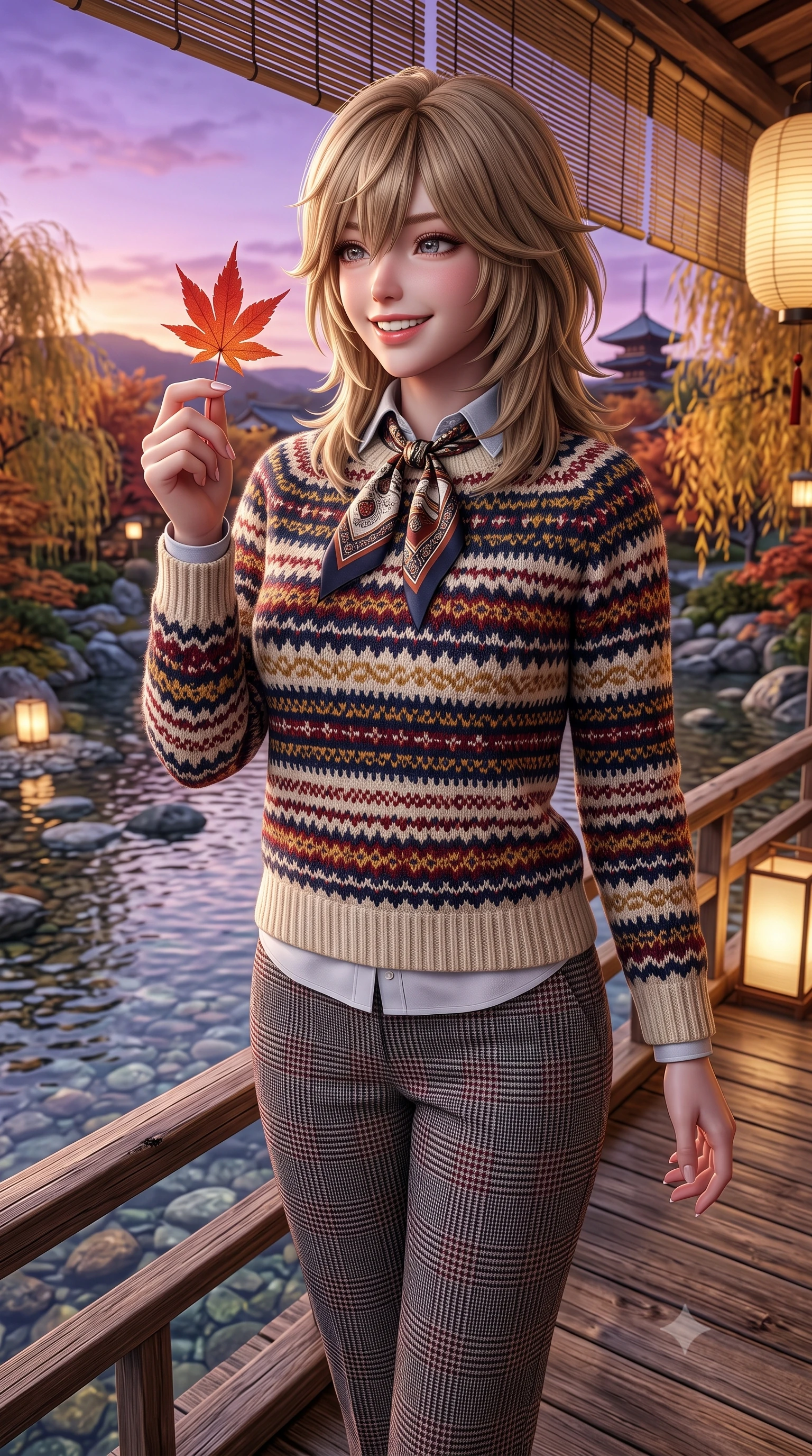 score_9, masterpiece, best quality, ultra-detailed, high-budget anime keyframe, semi-realistic 3D game render, editorial fashion photography, tasteful artistic composition, Japanese woman. close-up cowboy shot from the waist and thighs up, the character dominates the composition, filling the frame with her large presence. holding a single autumn leaf delicately between manicured fingers, admiring it with a cheerful, parted-lip smile while standing poised on the wooden kawayuka deck suspended over the clear riverbank, looking out at autumn willows with a bright, beaming smile. The surrounding environment is rendered in vivid detail and crisp panoramic clarity: sharp weather-beaten cedar wood decking textures, river stones in clear shallow water, and bamboo lattice blinds in deep focus. She has an exceptionally elegant, slender, and willowy female figure with an ultra-slim waist, flat toned midriff, narrow ribcage, and sculpted feminine hips creating an alluring, slim hourglass silhouette without bulk. sharp v-shaped jawline, high-bridge nose, intricate jewel-like sparkling eyes with depth, thick eyelashes, glossy parted lips with a natural peach sheen, bright cheerful beaming smile with an enchanting and coquettish sensual glint, exuding both youthful cute charm and seductive allure, flawlessly proportioned anatomical accuracy, strict slender model proportions, natural body alignment, perfectly sculpted long slender limbs, ultra-slim waistline, clean dynamic posture without body distortion. wearing a Fair Isle patterned lambswool knit sweater layered over an Oxford button-down shirt with pleated wool trousers in classic glen plaid monochrome with subtle wine red accent, tailored from heritage British Harris Tweed with rich multi-tonal yarn weave, finished with a printed silk twilly scarf knotted gracefully around her neck, the streamlined silhouette following her natural slender proportions with sophisticated poise, enhancing her tall willowy presence. bathed in the soft purple-gold twilight glow of autumn sunset over the Higashiyama mountains mixed with warm paper lantern lights. highly saturated vibrant anime colors, detailed shading with soft gradients, rich glossy textures, high-contrast stereoscopic depth, volumetric dynamic lighting, master piece, 9:16 ratio