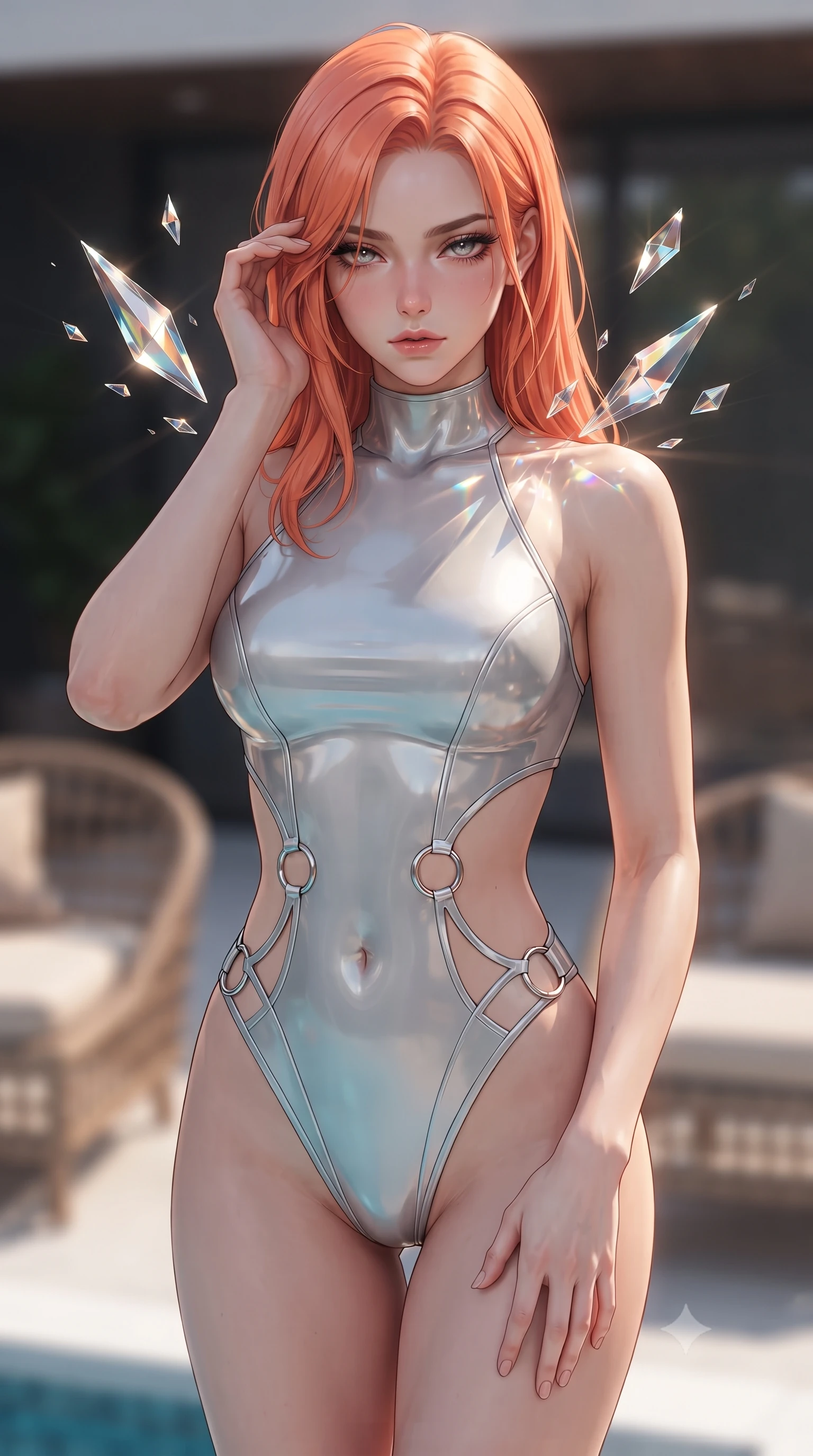 score_9, masterpiece, best quality, ultra-detailed, high-budget anime keyframe, editorial fashion photography, tasteful artistic composition, Japanese woman. close-up cowboy shot from the waist and thighs up, the character dominates the composition, filling the frame with her large presence, background elements kept in soft focus. gently touching the side of her temple, casting a heavy-lidded, sultry look past the camera, the background shows a soft-focus a virtual pool deck with floating glass prism fragments and rattan chairs. She has an exceptionally elegant, slender, and willowy female figure with an ultra-slim waist, a gracefully sculpted slender torso, and a refined silhouette. sharp v-shaped jawline, high-bridge nose, intricate jewel-like eyes with depth, thick eyelashes, glossy lips with a natural sheen. wearing a form-contouring light carbon-plate combat bodysuit featuring dramatic geometric open-waist cutouts framed by chrome ring hardware. floating glass fragments reflecting light rays onto her elegant collarbone. ultra-reflective glossy finish, specular highlights, metallic sheen, high-contrast stereoscopic depth, volumetric dynamic lighting, 2k, ultra detail, master piece, 9:16 ratio